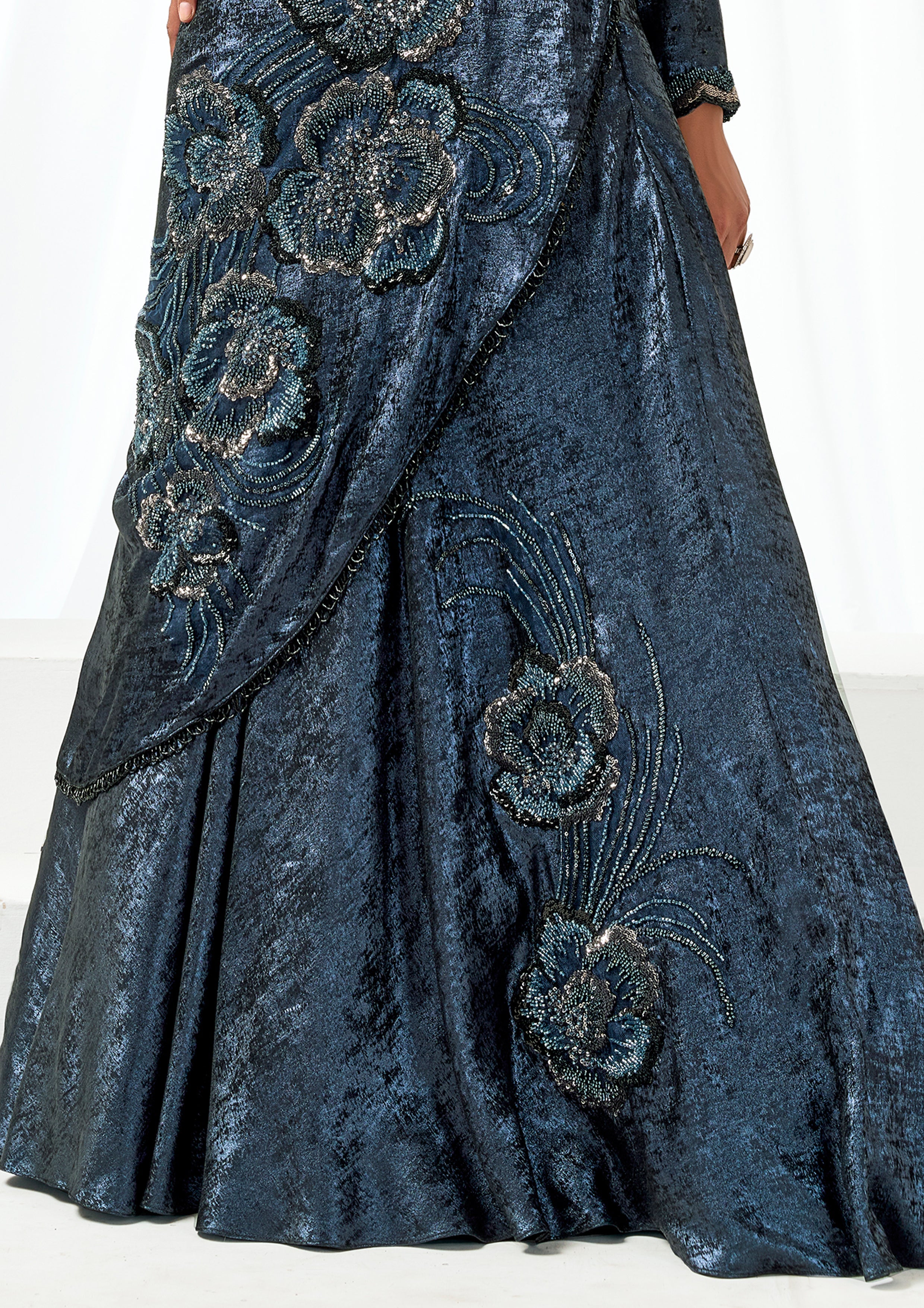 Midnight Sapphire Embellished Satin Silk Lehenga Saree