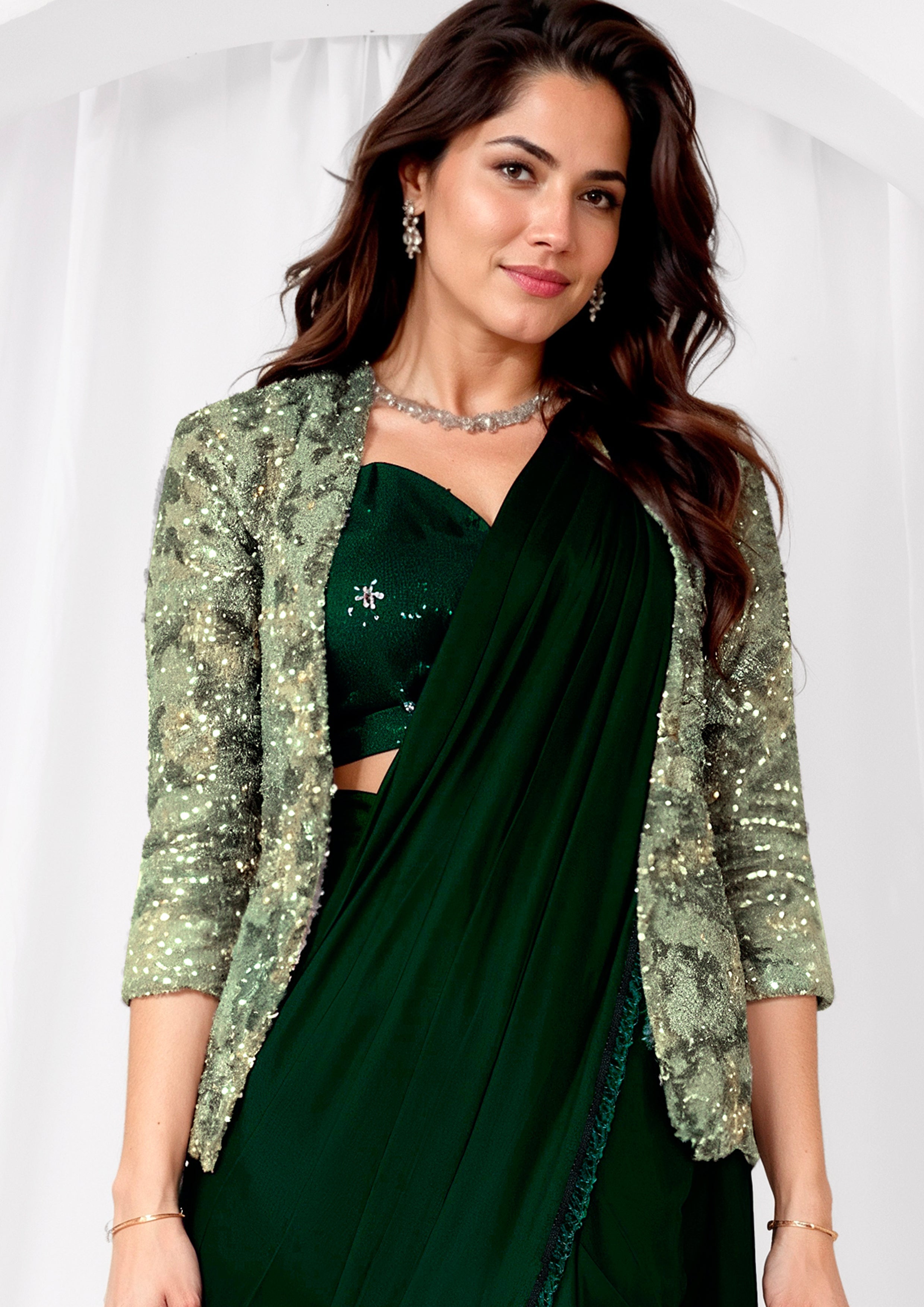 Bottle Green Embellished Metallic Satin Silk Saree
