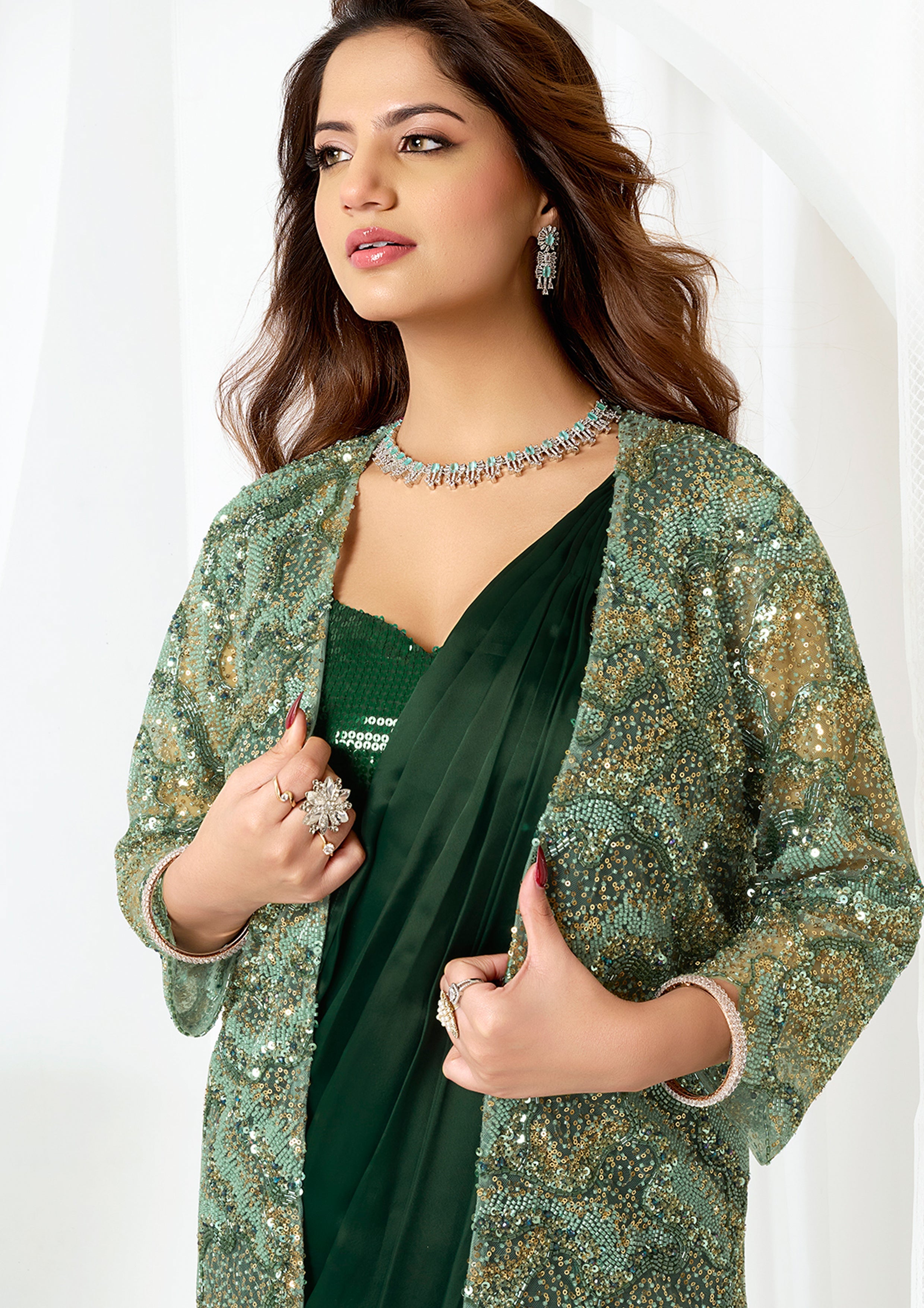 Bottle Green Embellished Metallic Satin Silk Saree