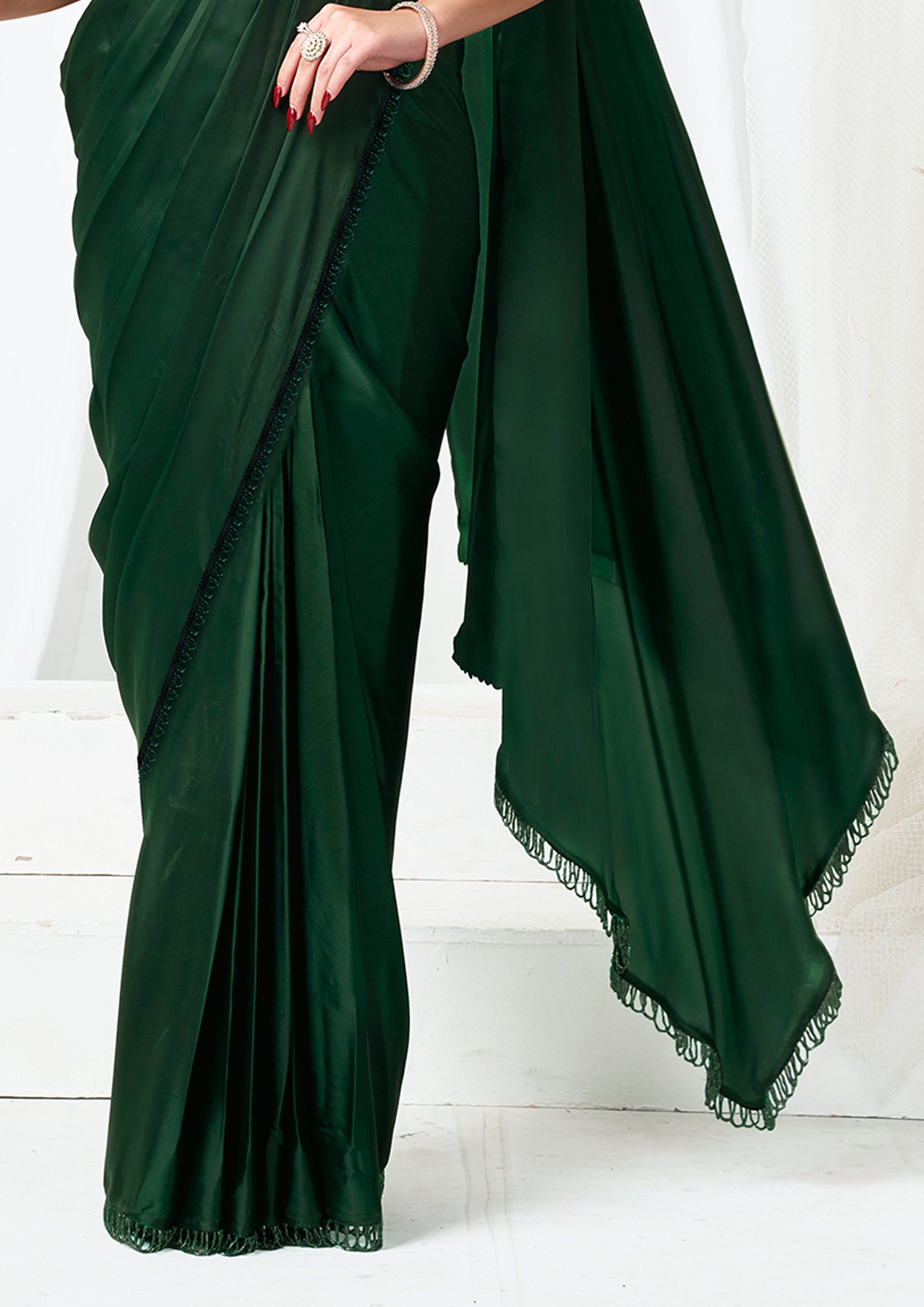 Bottle Green Embellished Metallic Satin Silk Saree