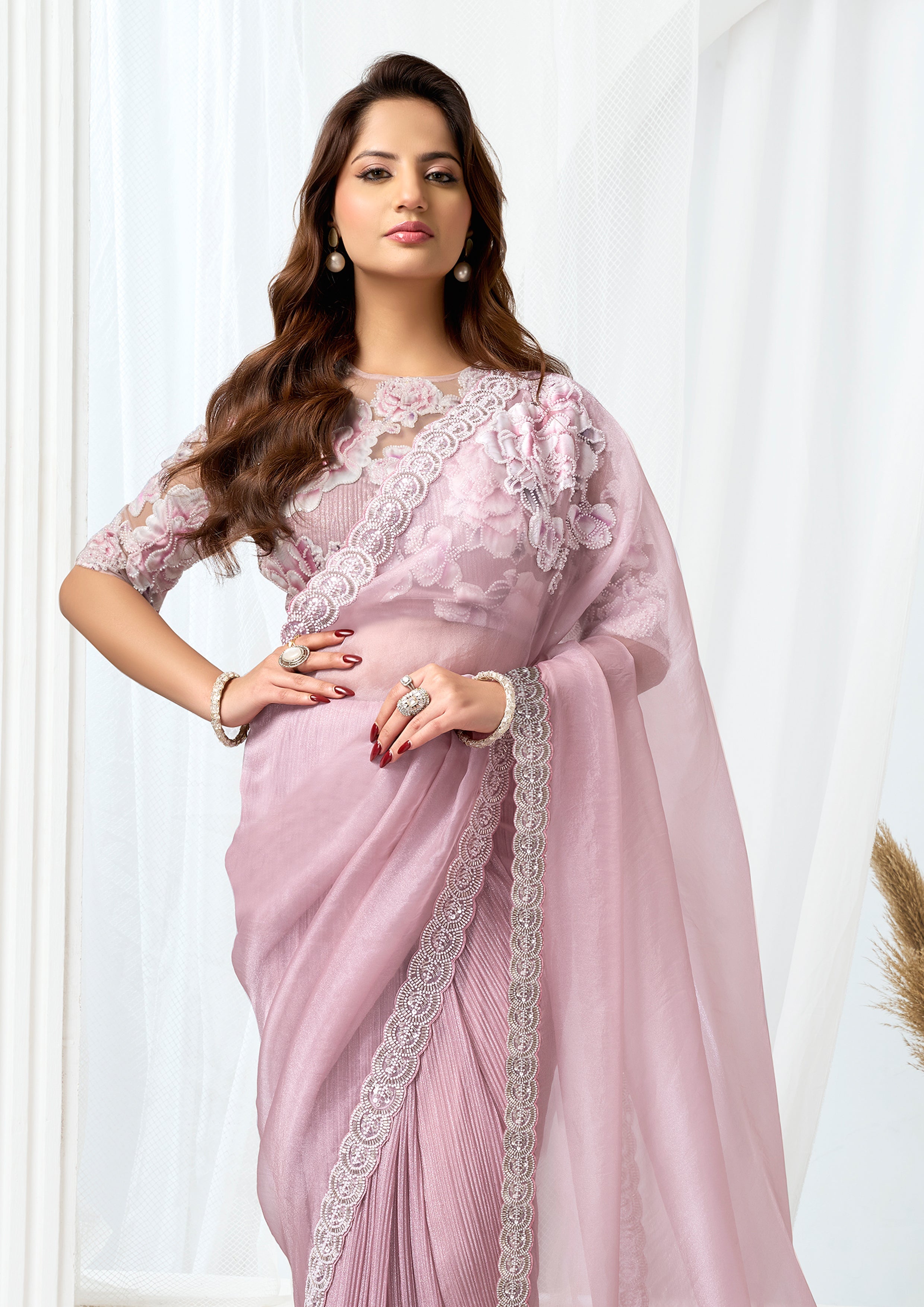 Blush Pink Embellished Shimmer Organza Silk Saree