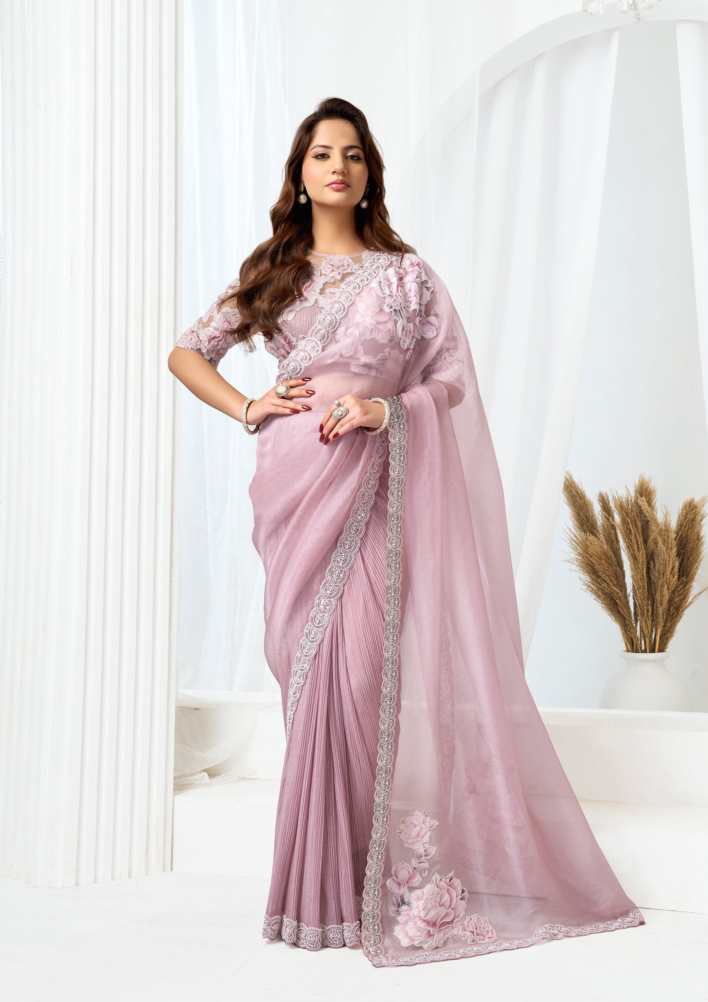 Blush Pink Embellished Shimmer Organza Silk Saree