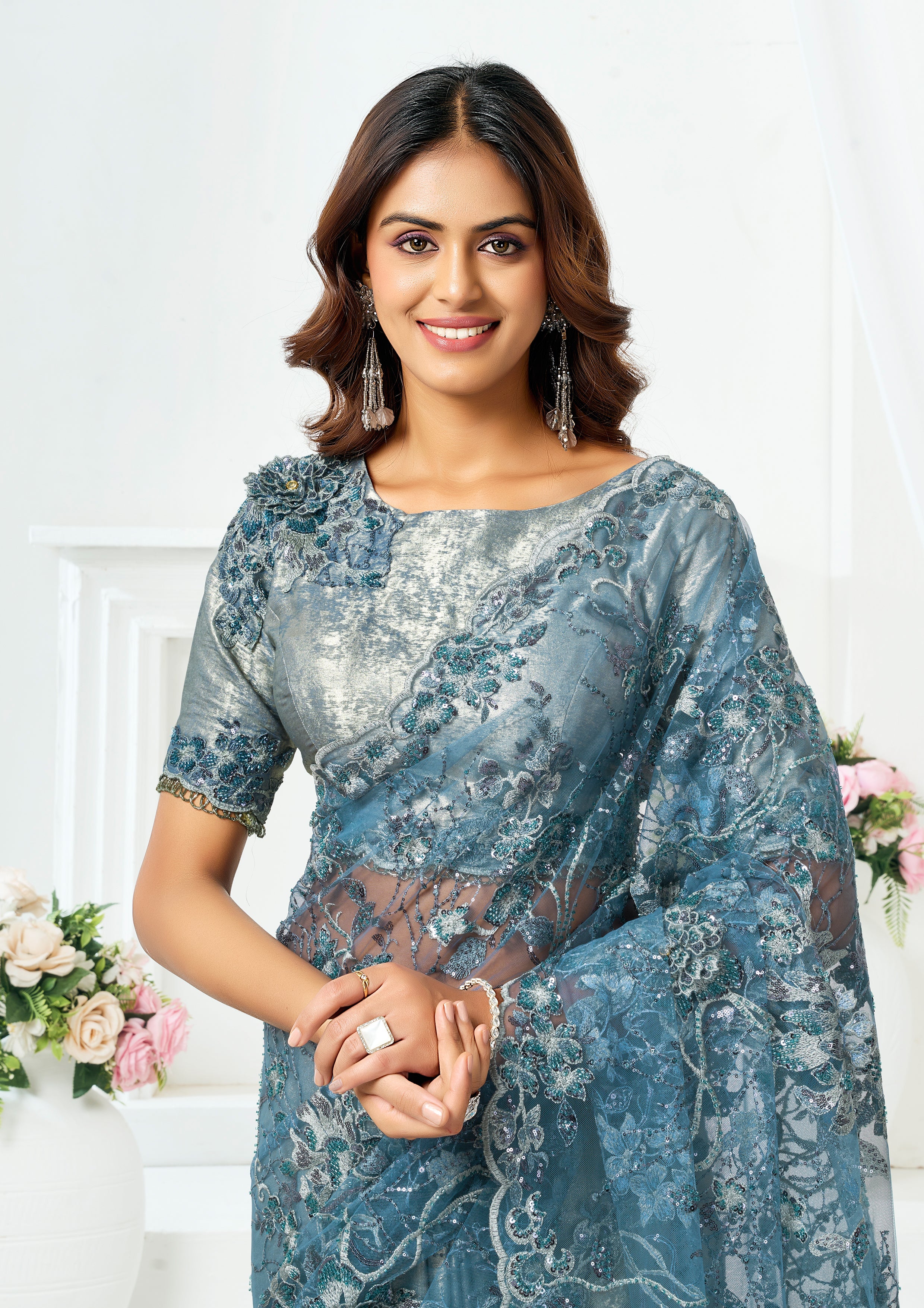 Metallic Grey Embellished Metallic Satin Silk  Saree
