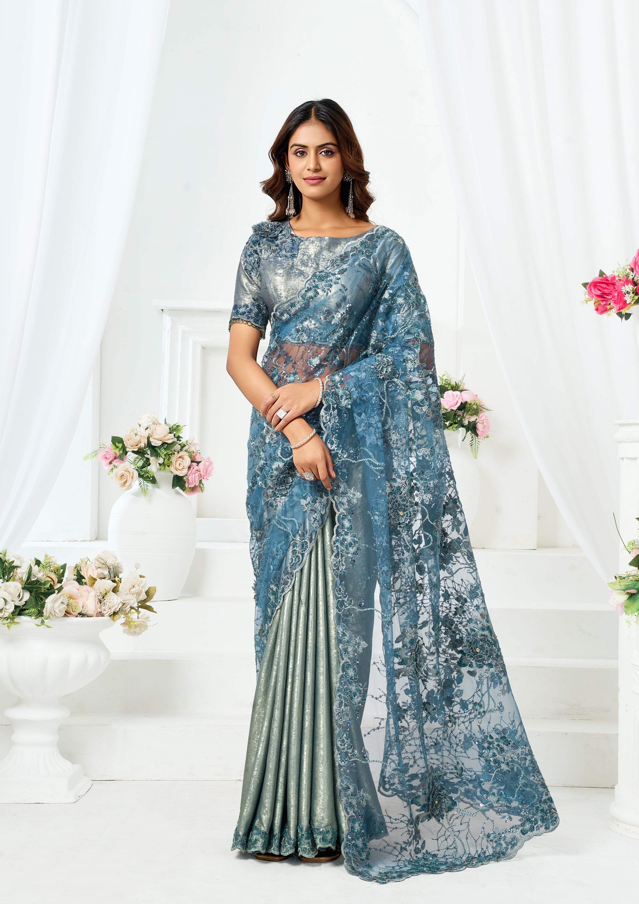 Metallic Grey Embellished Metallic Satin Silk  Saree