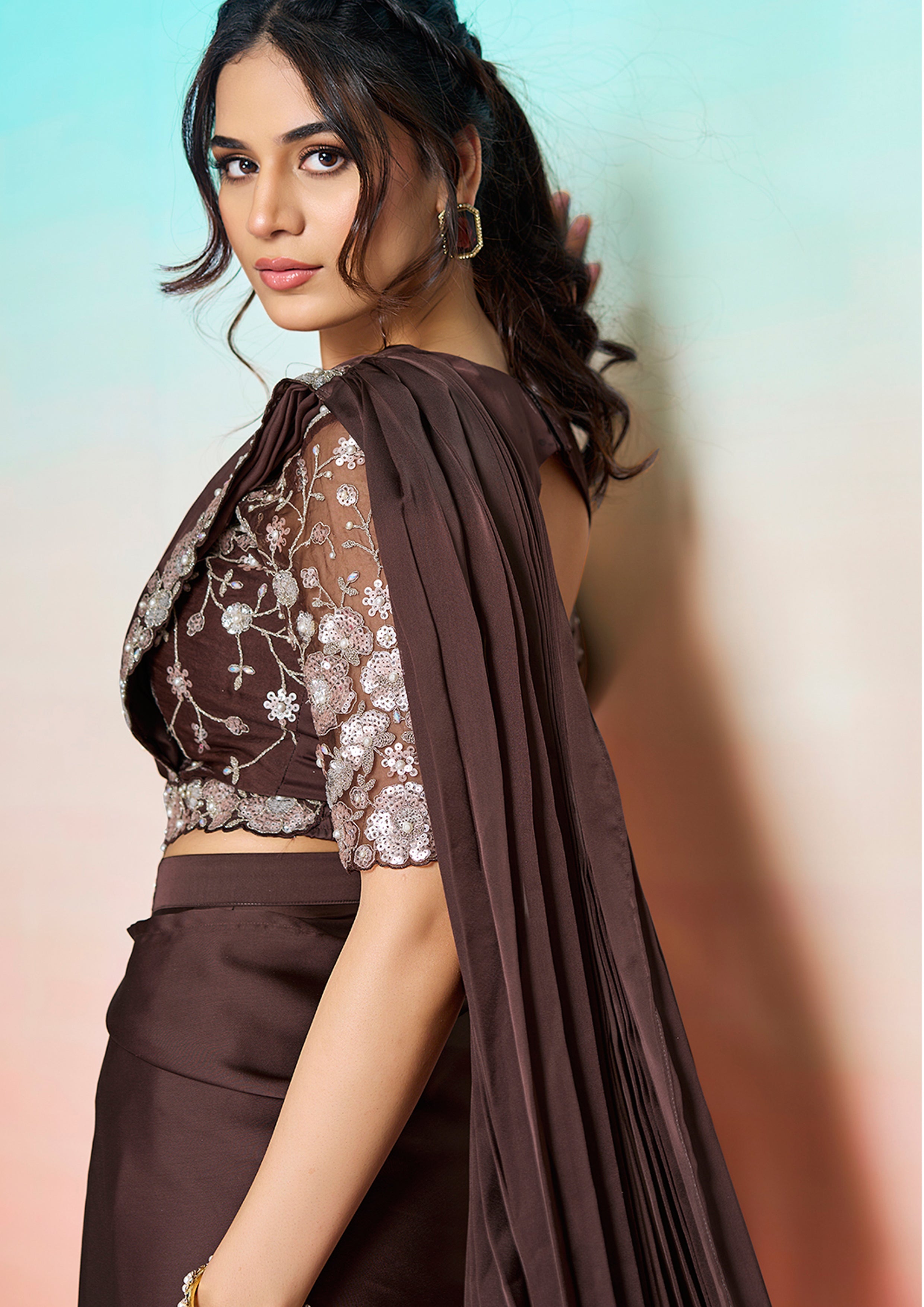 Cocoa Brown Embellished Satin Silk Saree