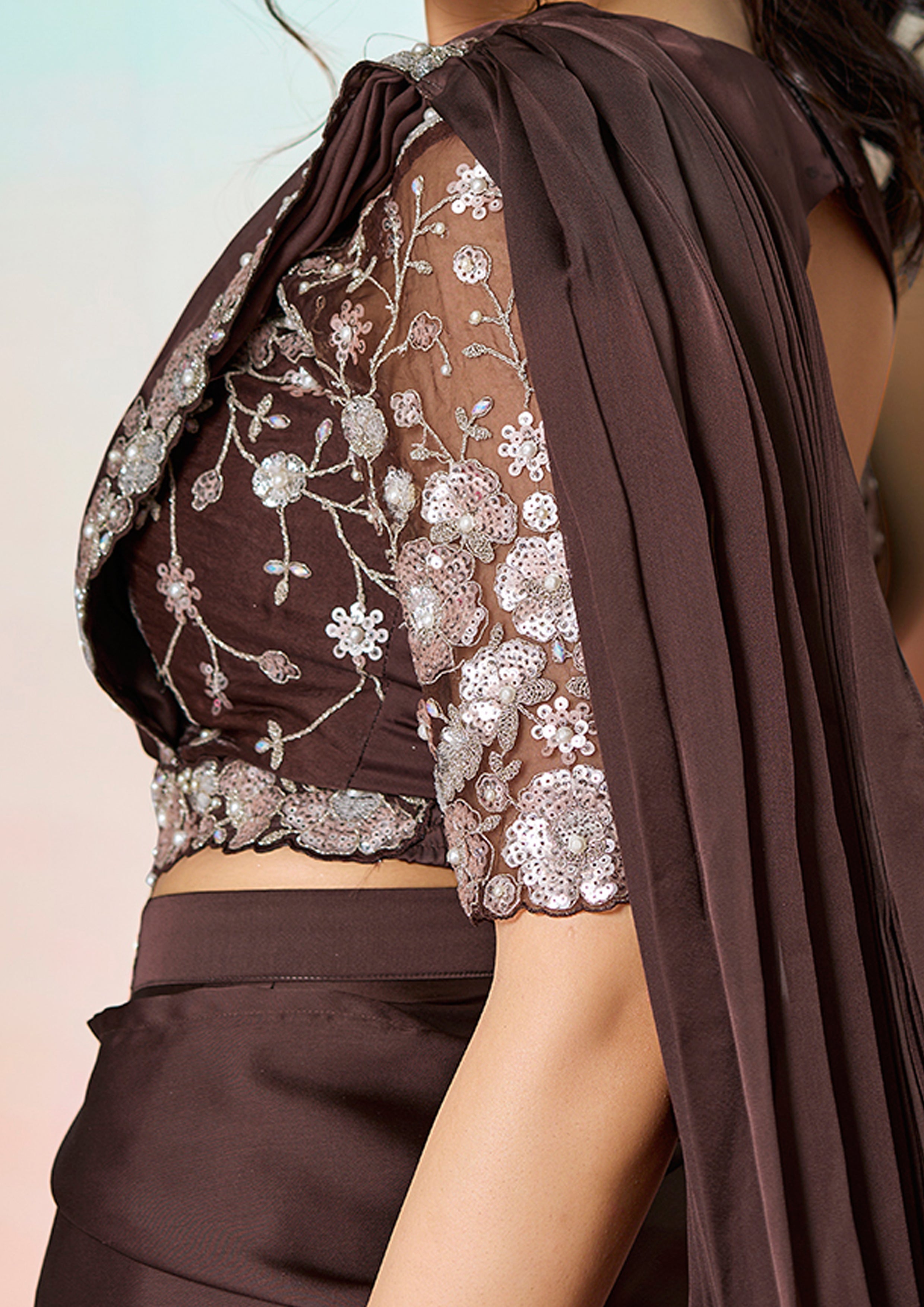 Cocoa Brown Embellished Satin Silk Saree