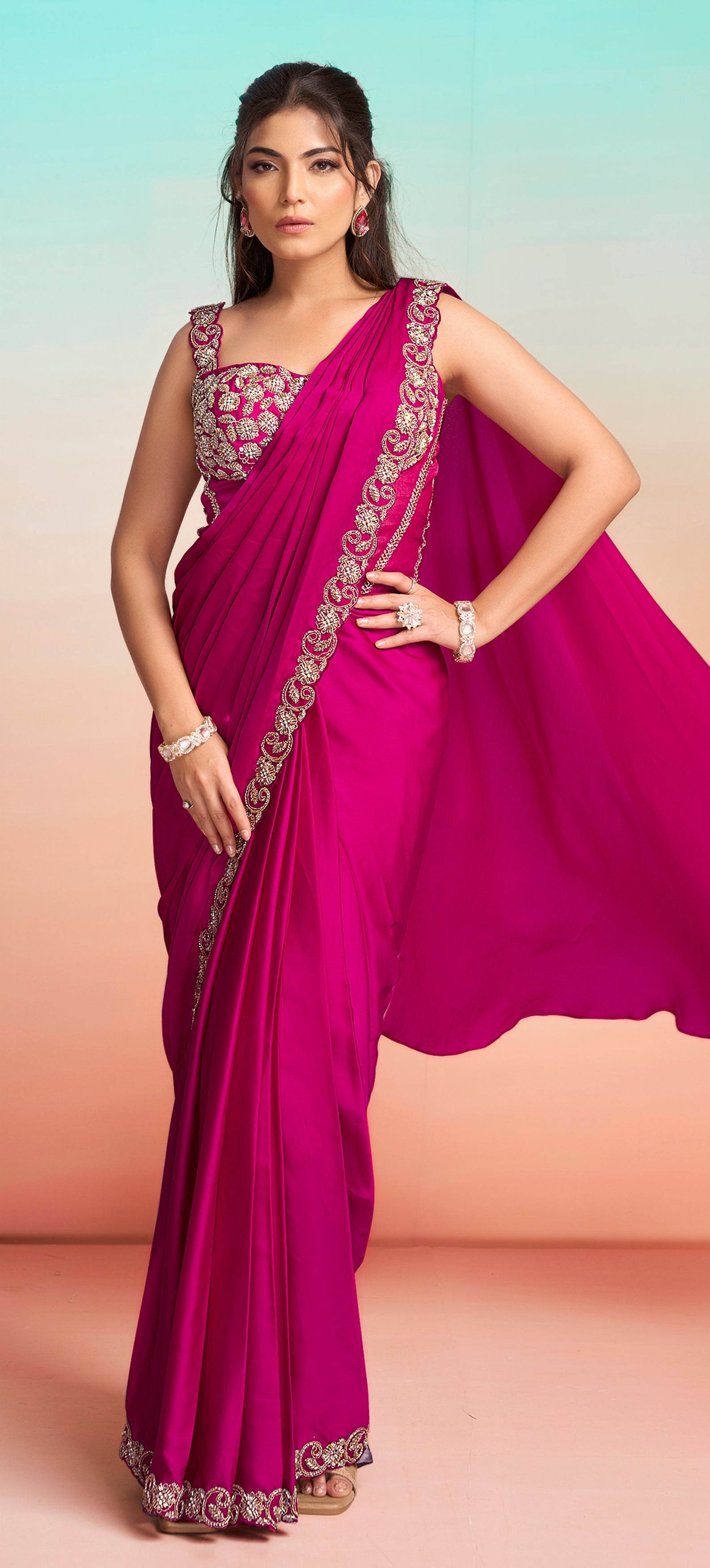 Pop Pink Embellished Satin Silk Saree