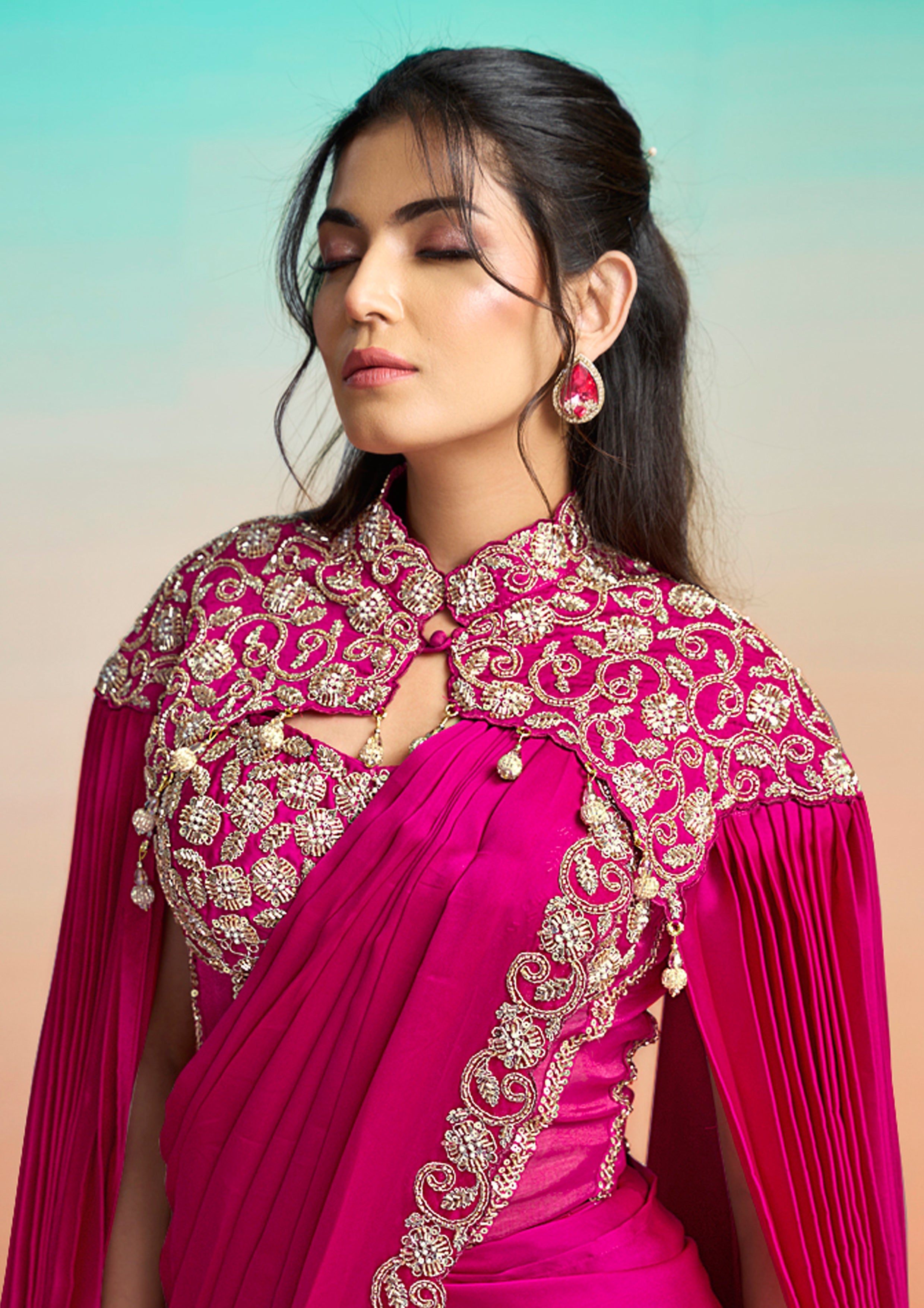 Pop Pink Embellished Satin Silk Saree