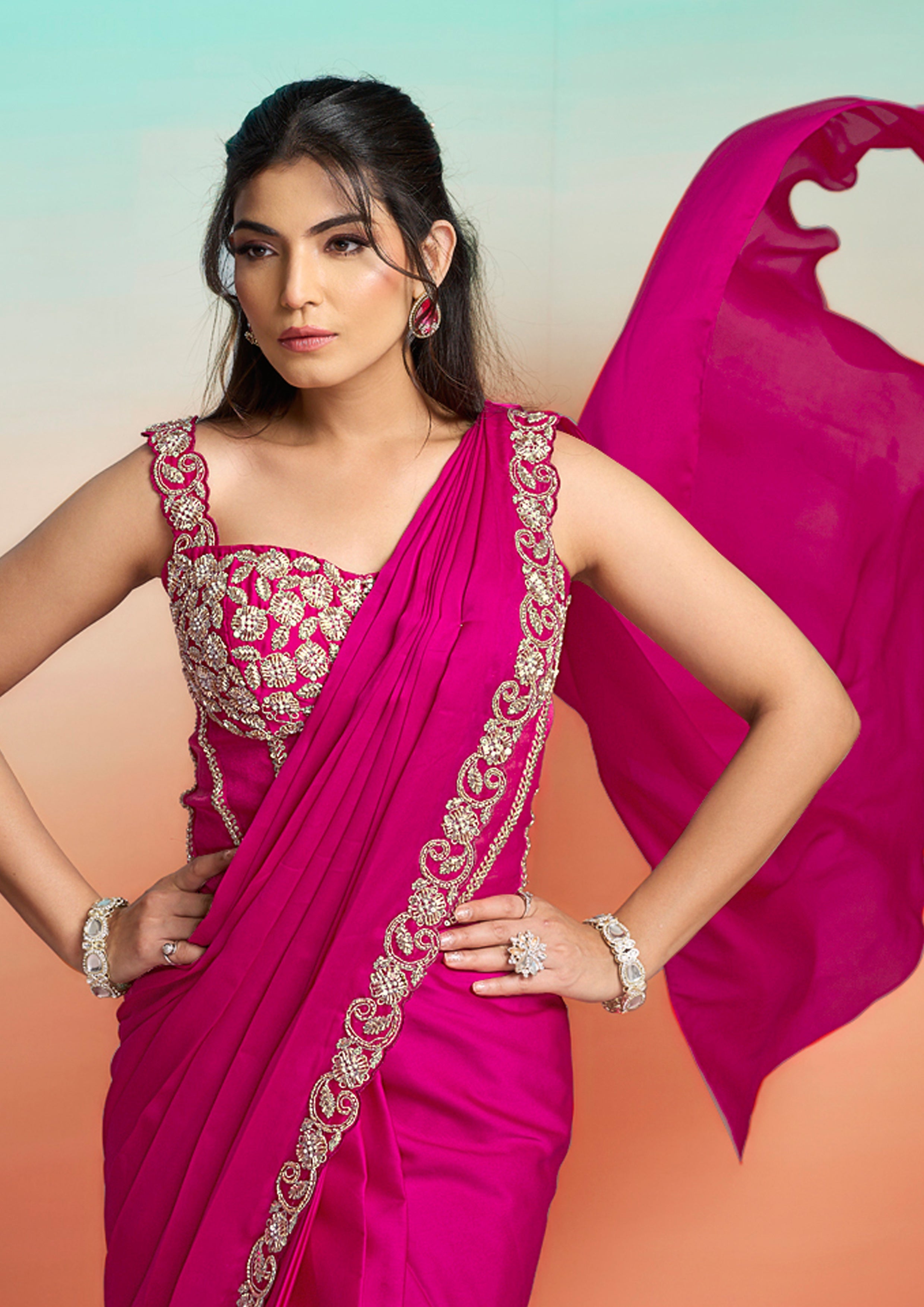 Pop Pink Embellished Satin Silk Saree