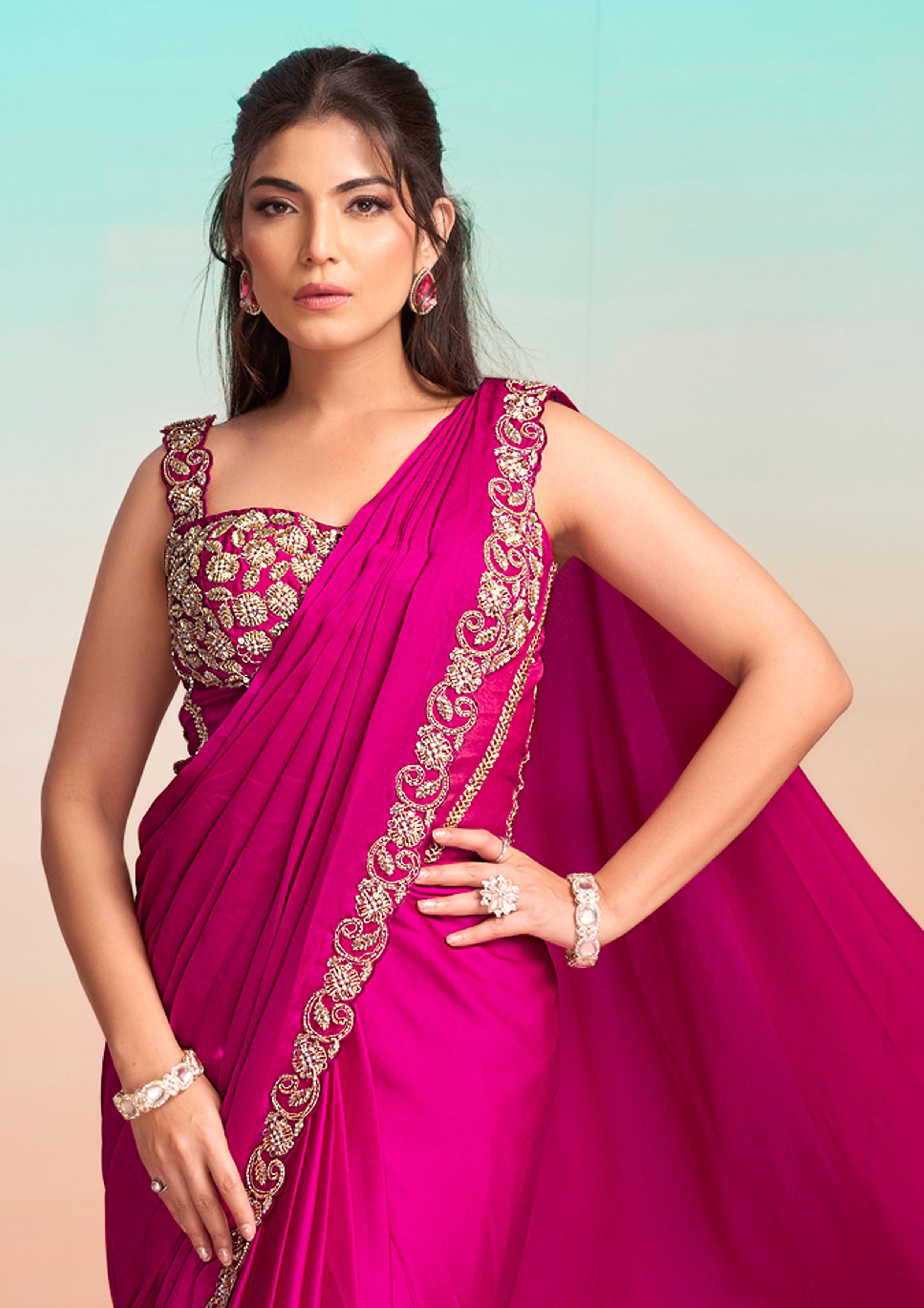 Pop Pink Embellished Satin Silk Saree