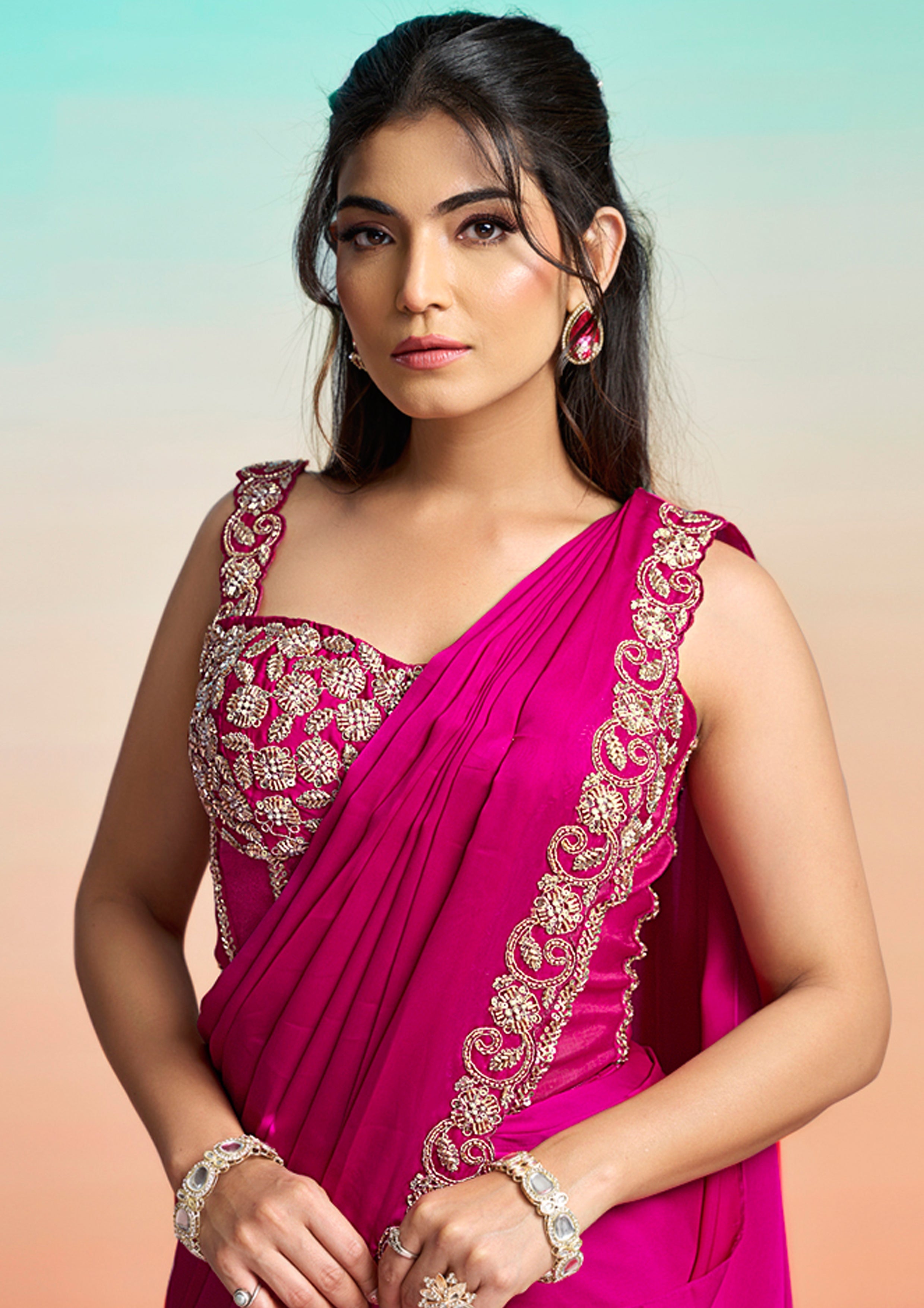 Pop Pink Embellished Satin Silk Saree