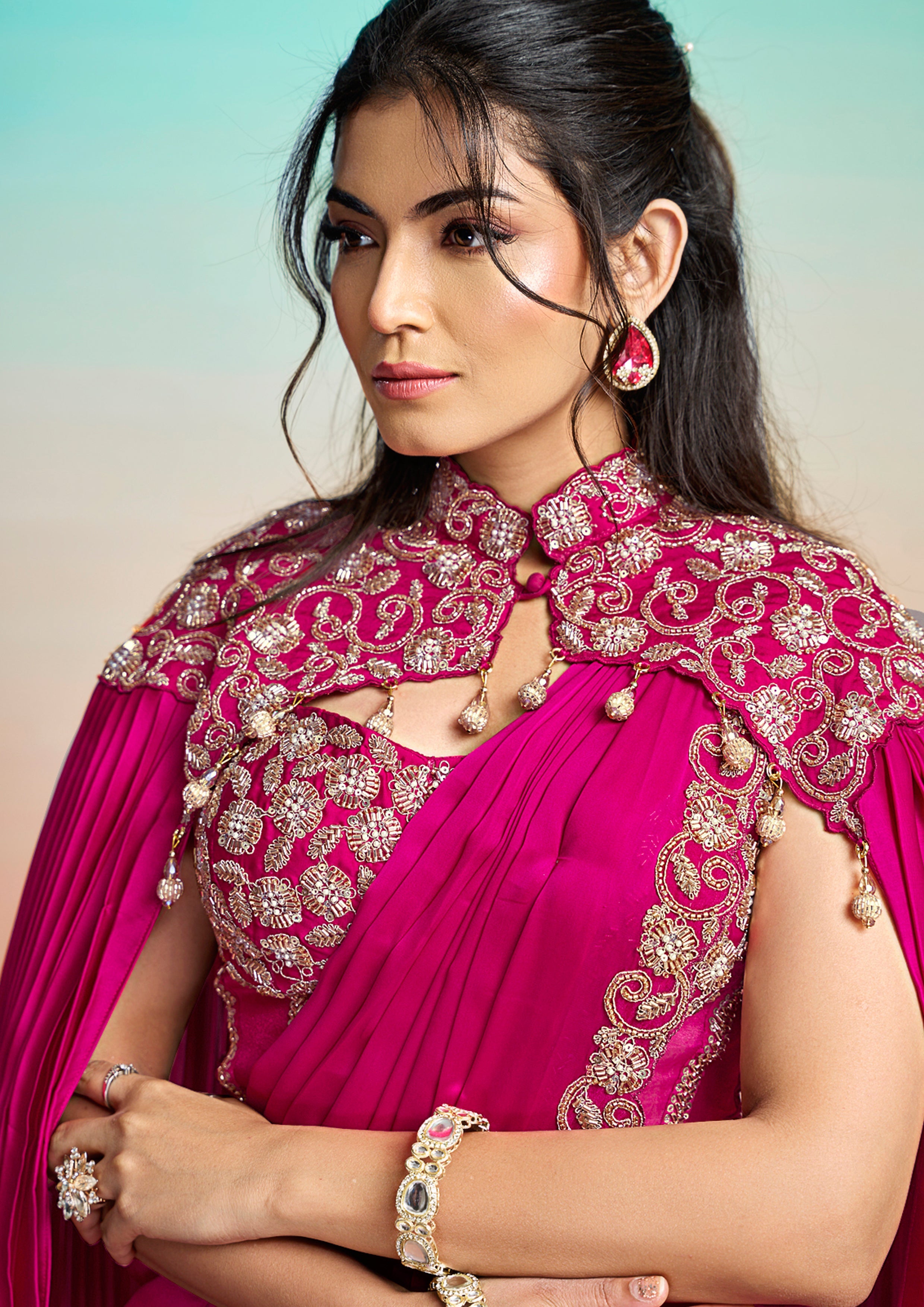 Pop Pink Embellished Satin Silk Saree