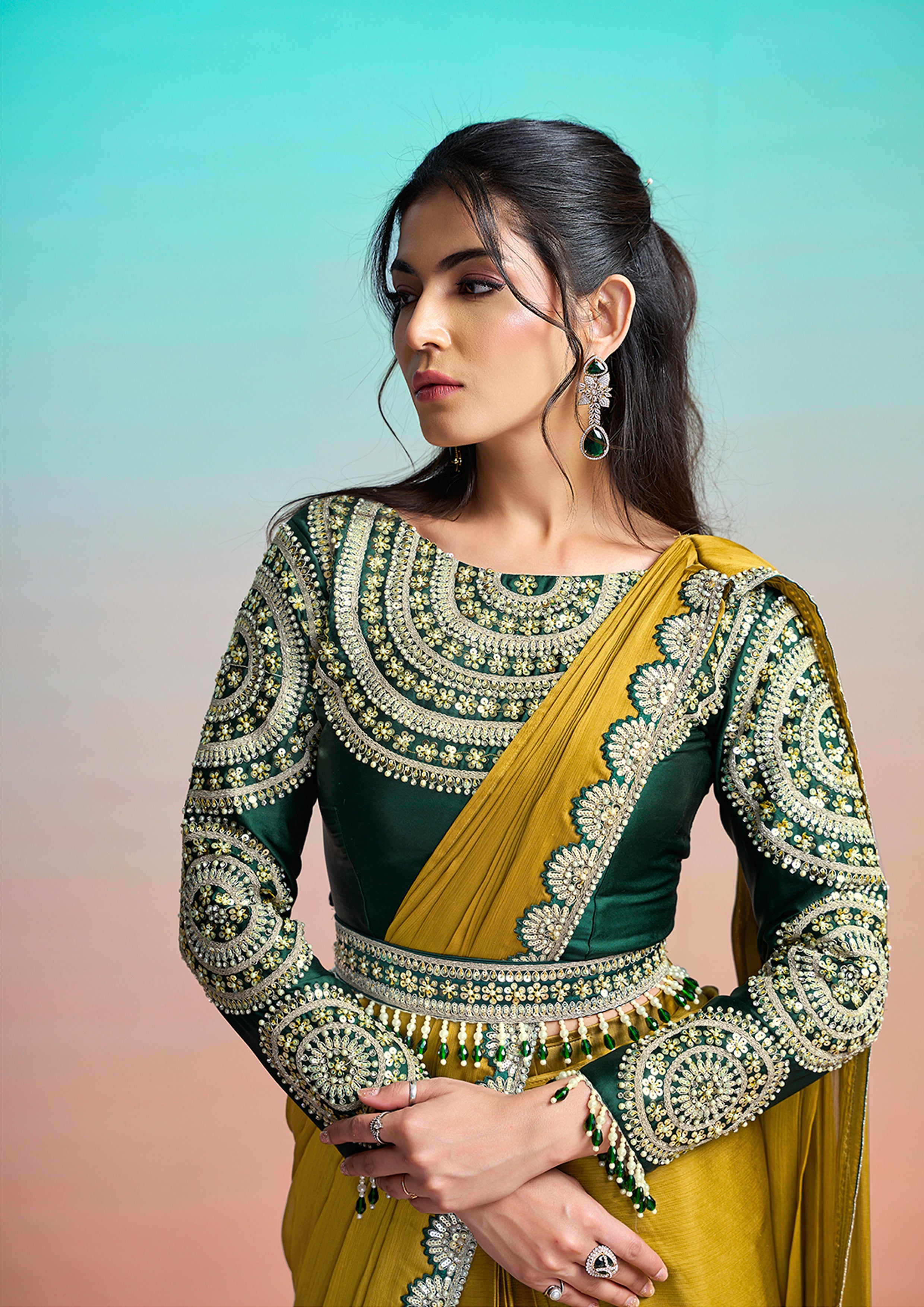Moss Green Embellished Georgette Silk Saree