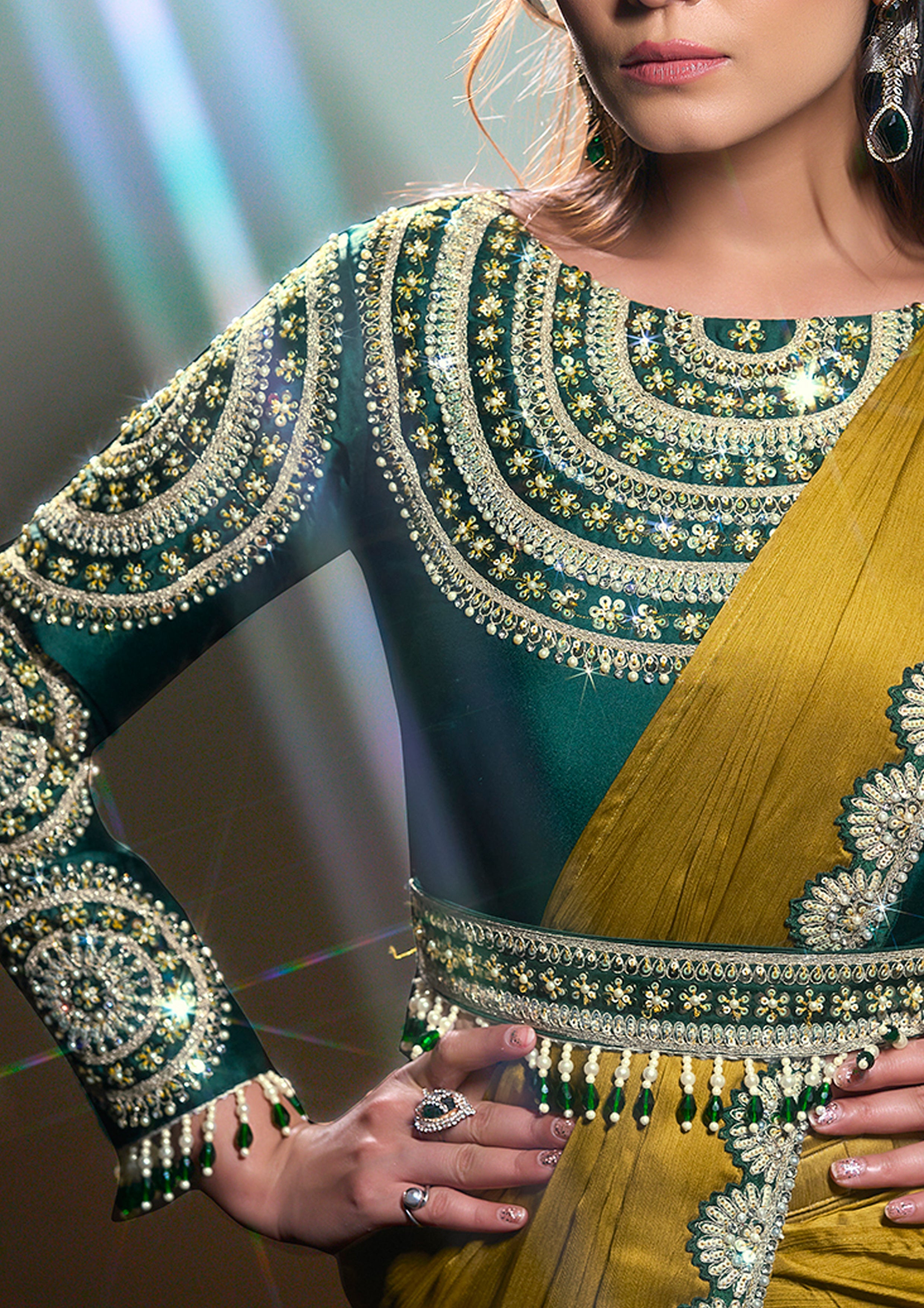 Moss Green Embellished Georgette Silk Saree