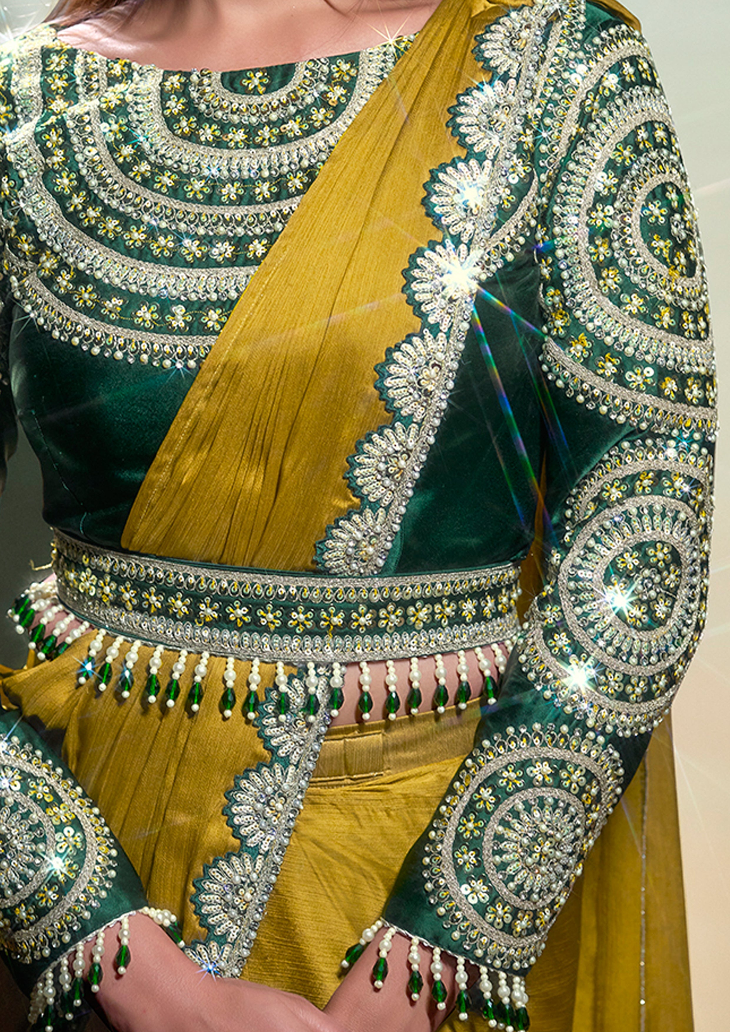 Moss Green Embellished Georgette Silk Saree
