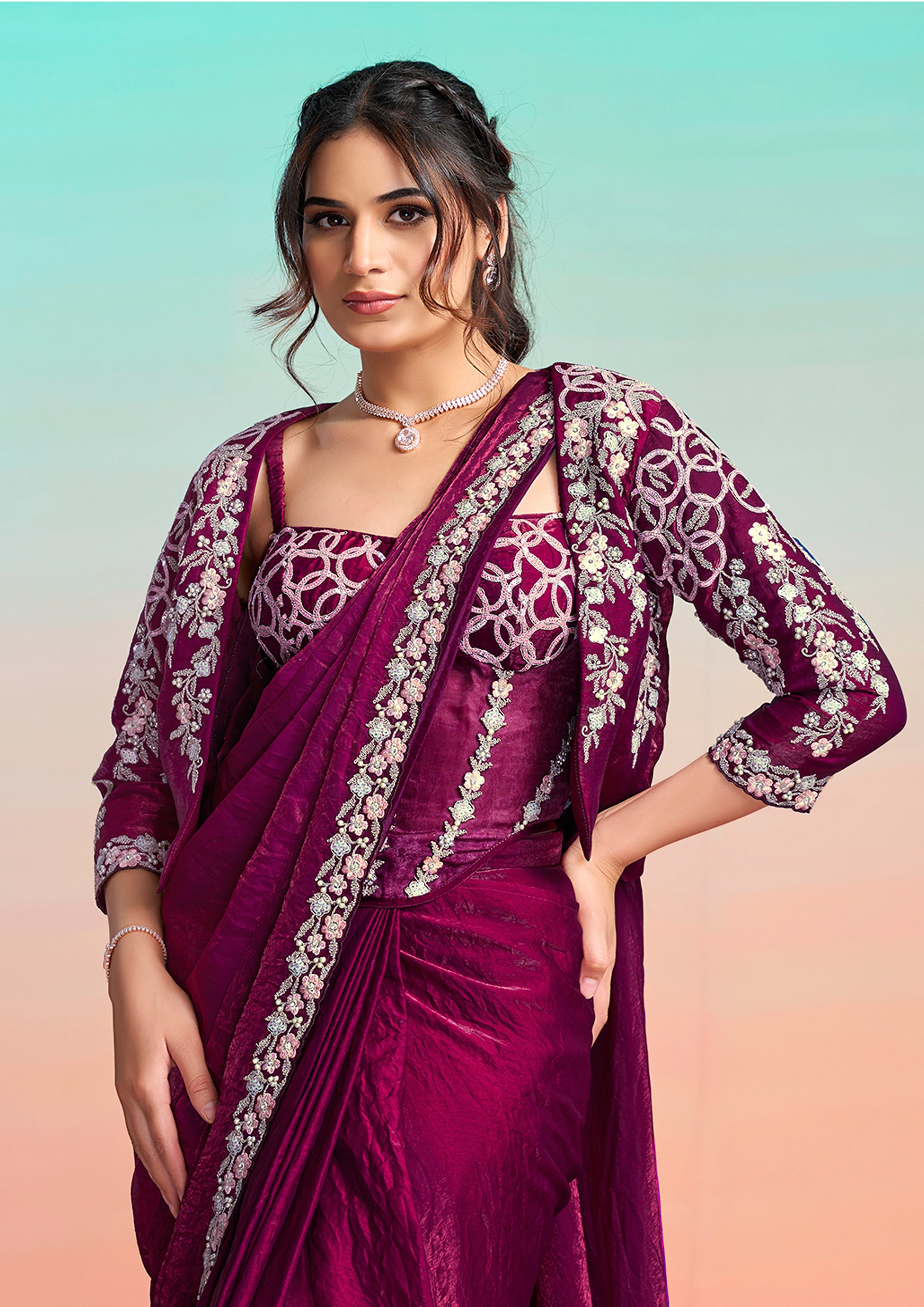 Wine Plum Embellished Satin Silk Draped Saree