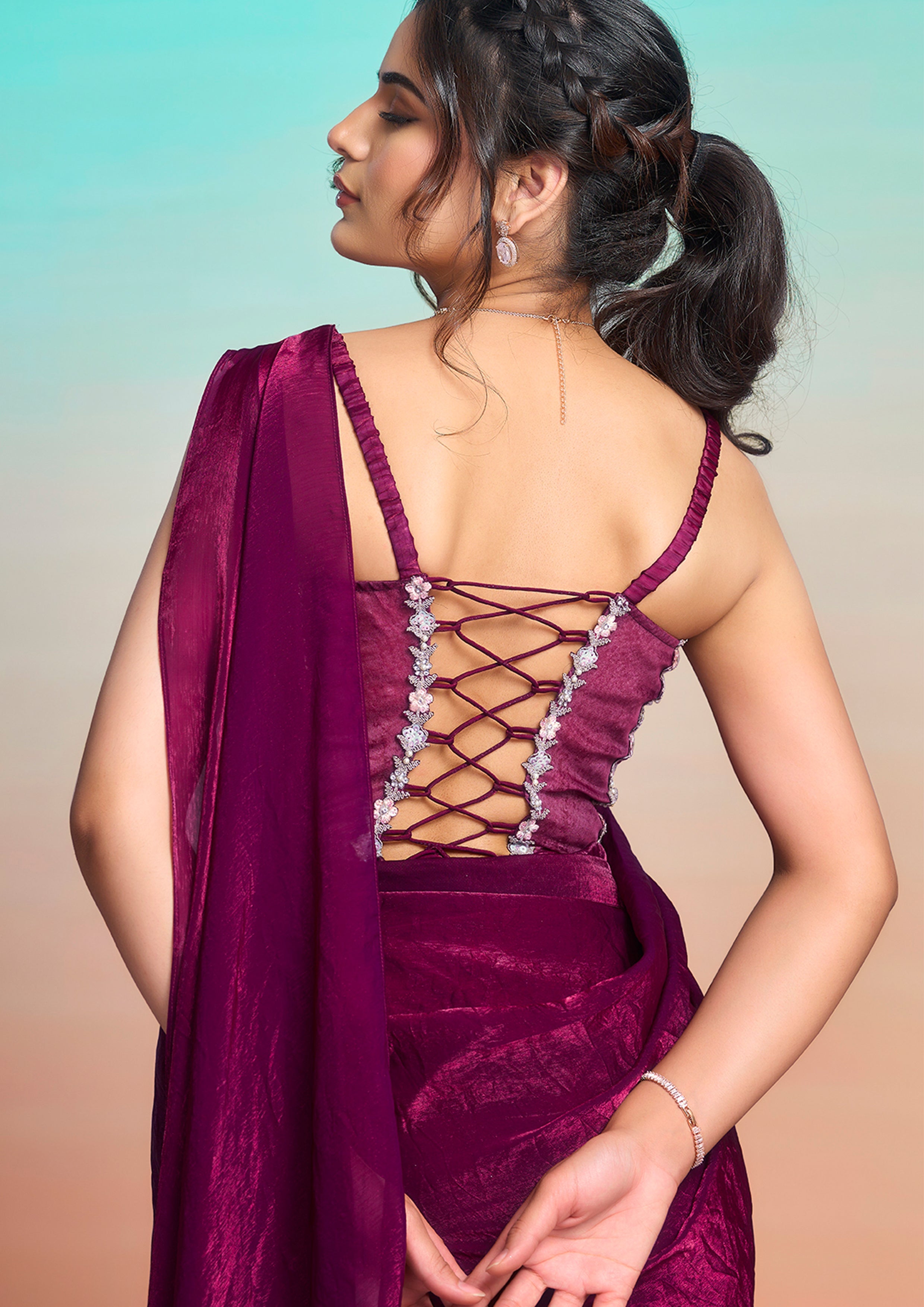 Wine Plum Embellished Satin Silk Draped Saree