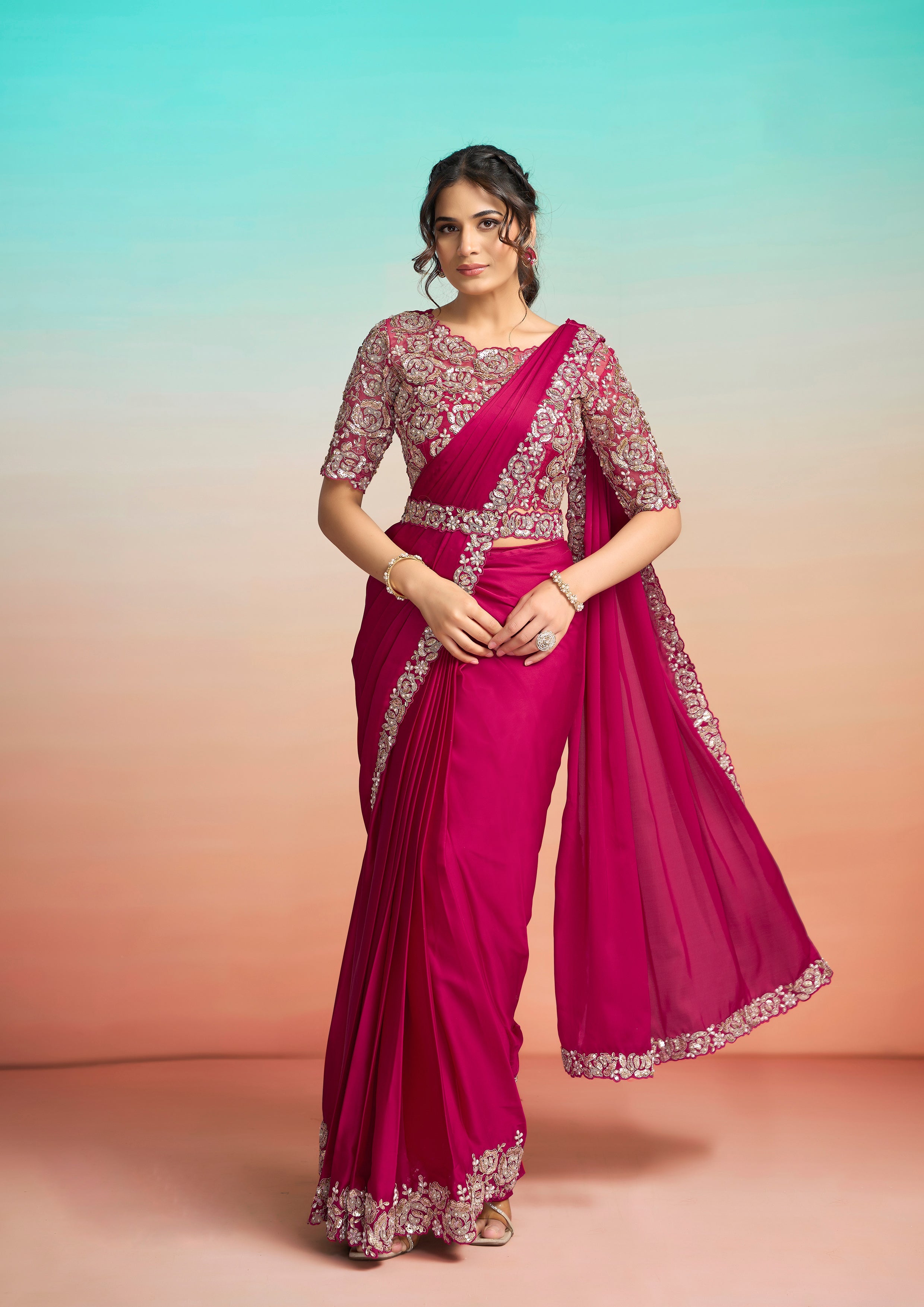 Rani Pink Embellished Satin Silk Draped Saree