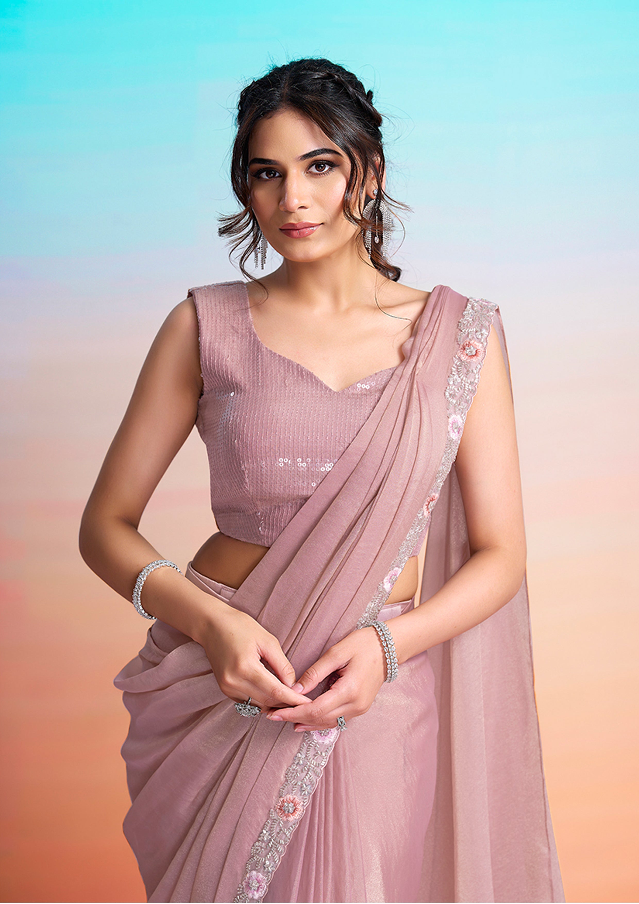 Dusty Rose Embellished Georgette Silk Saree