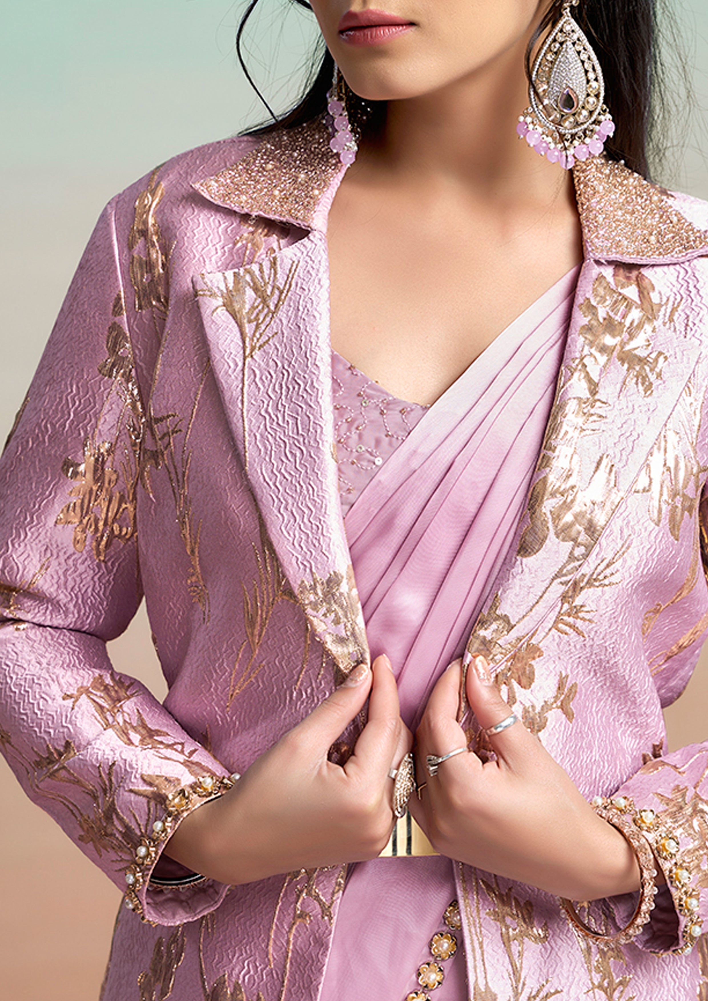 Lavender Embroidered Satin Silk Draped Saree