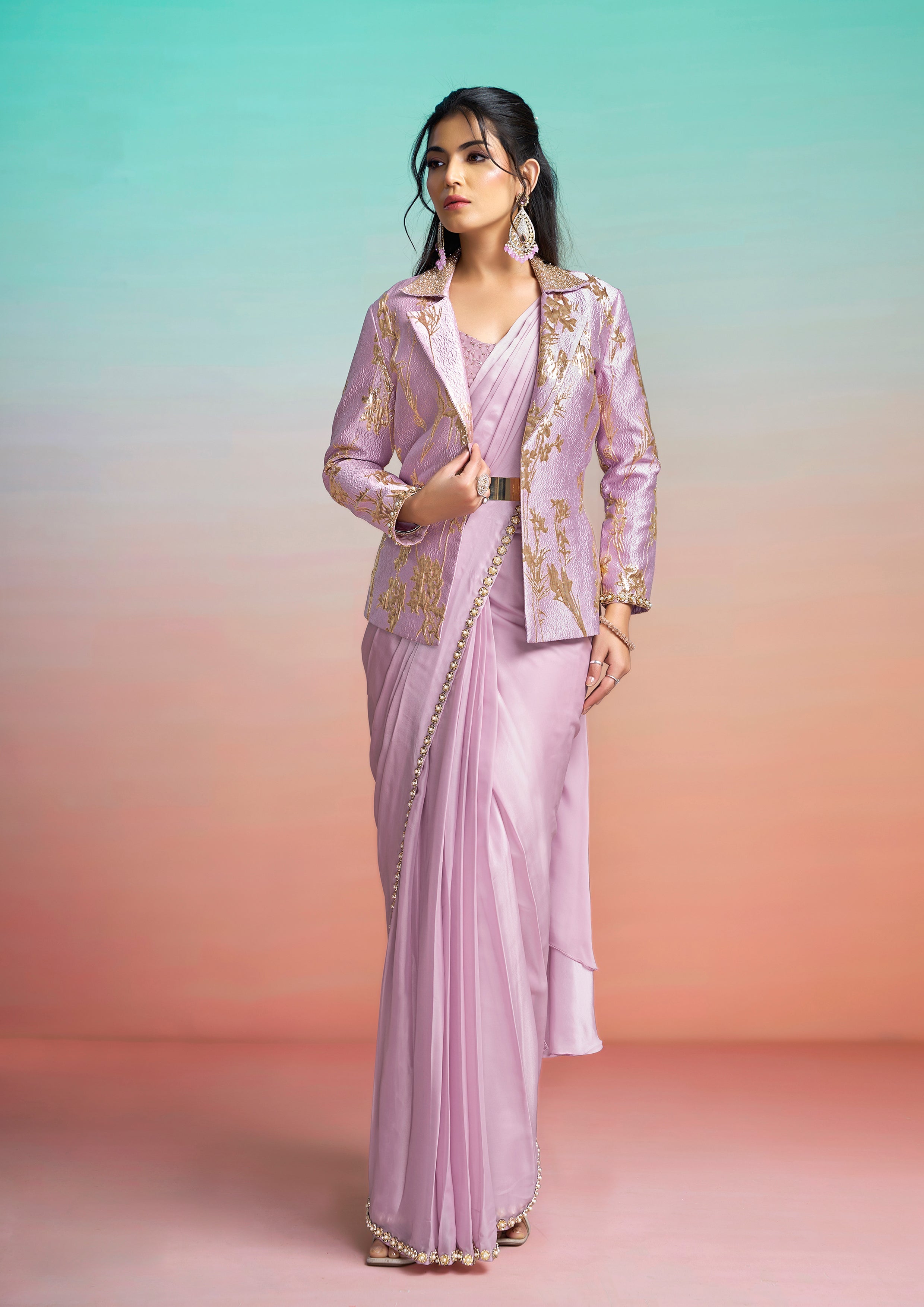 Lavender Embroidered Satin Silk Draped Saree