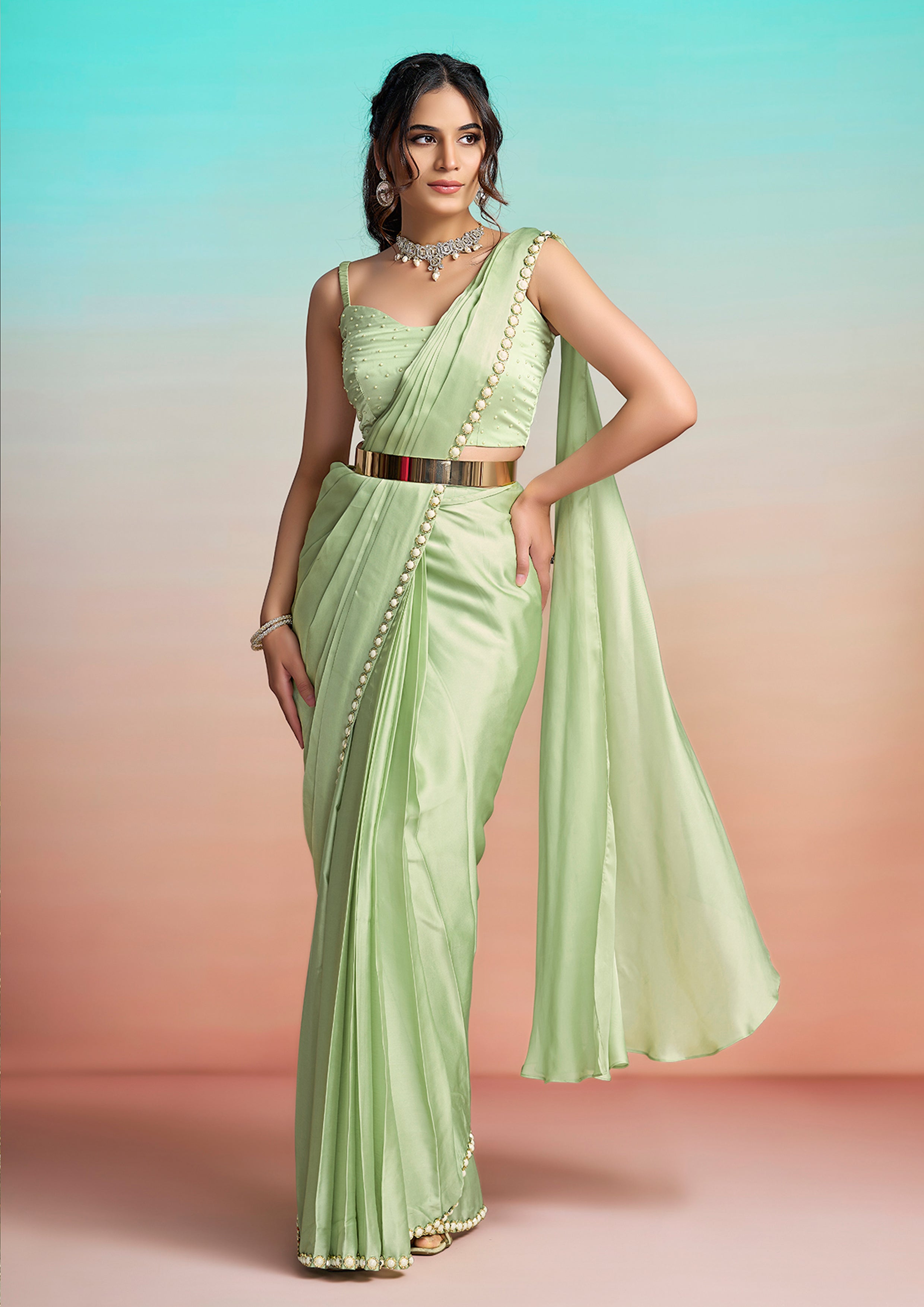 Mint Green Embroidered Satin Silk Draped Saree