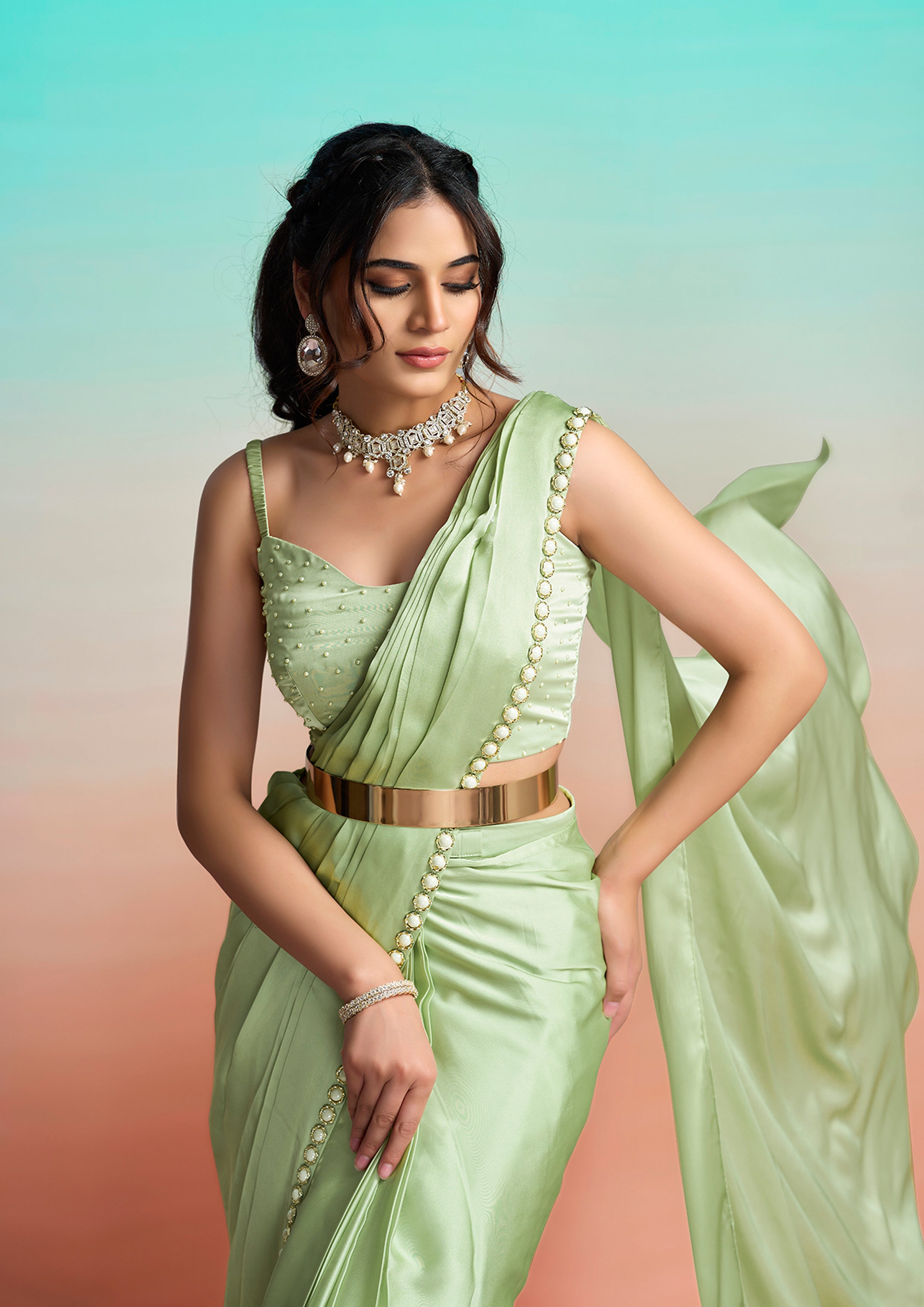 Mint Green Embroidered Satin Silk Draped Saree