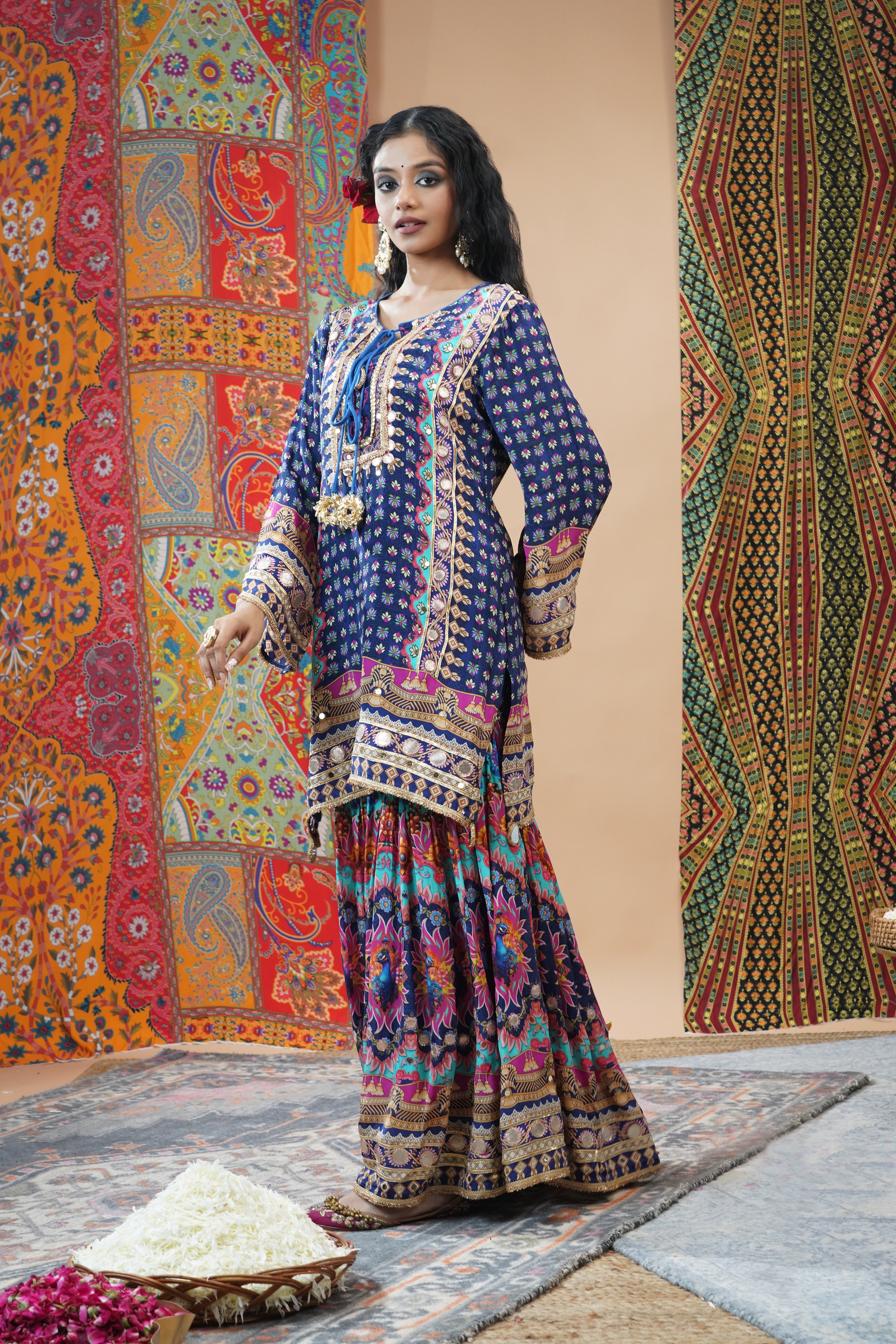 Festive Blue Ethnic Printed Crepe Silk Sharara Set