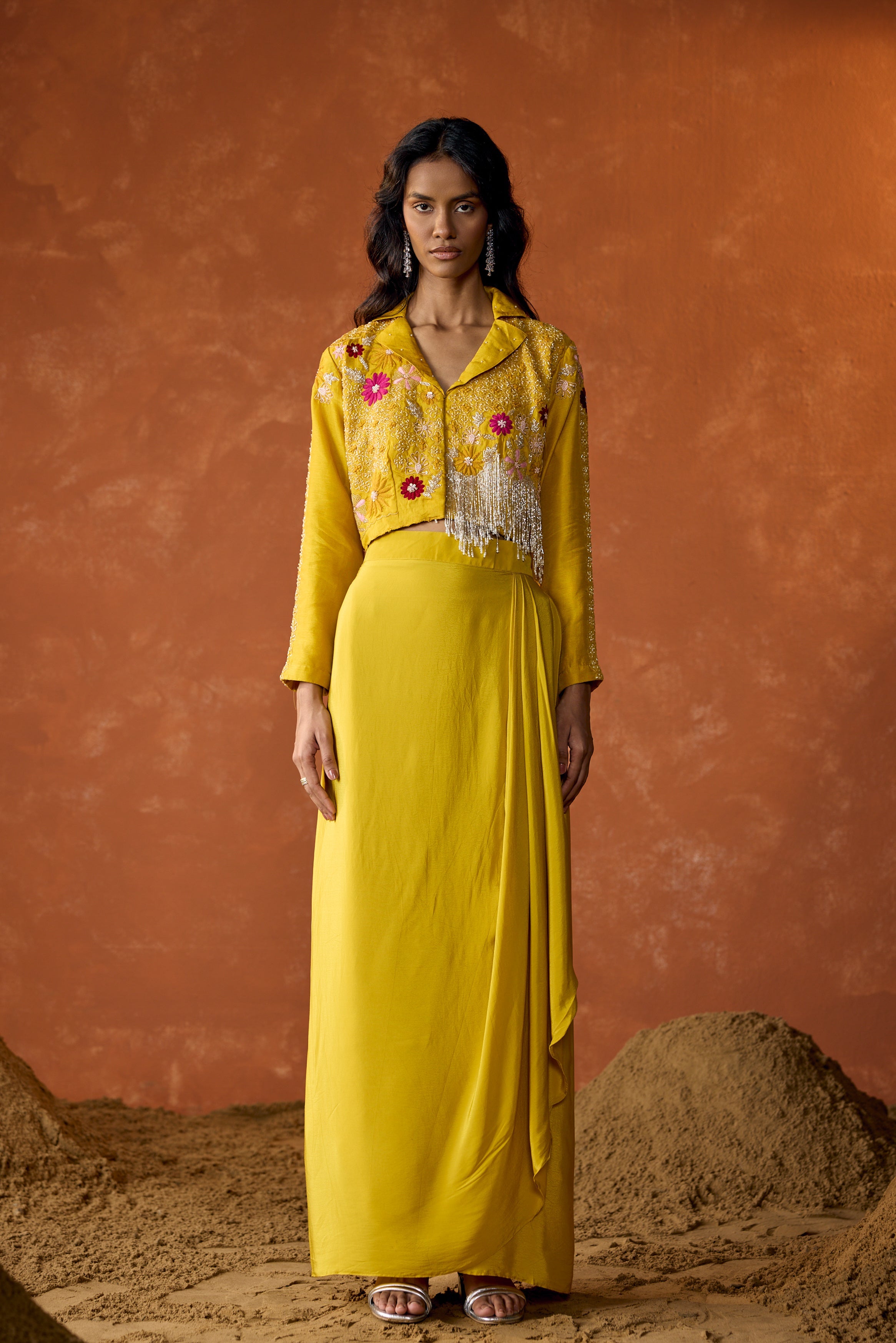 Marigold Yellow Embellished Raw Silk Skirt Set
