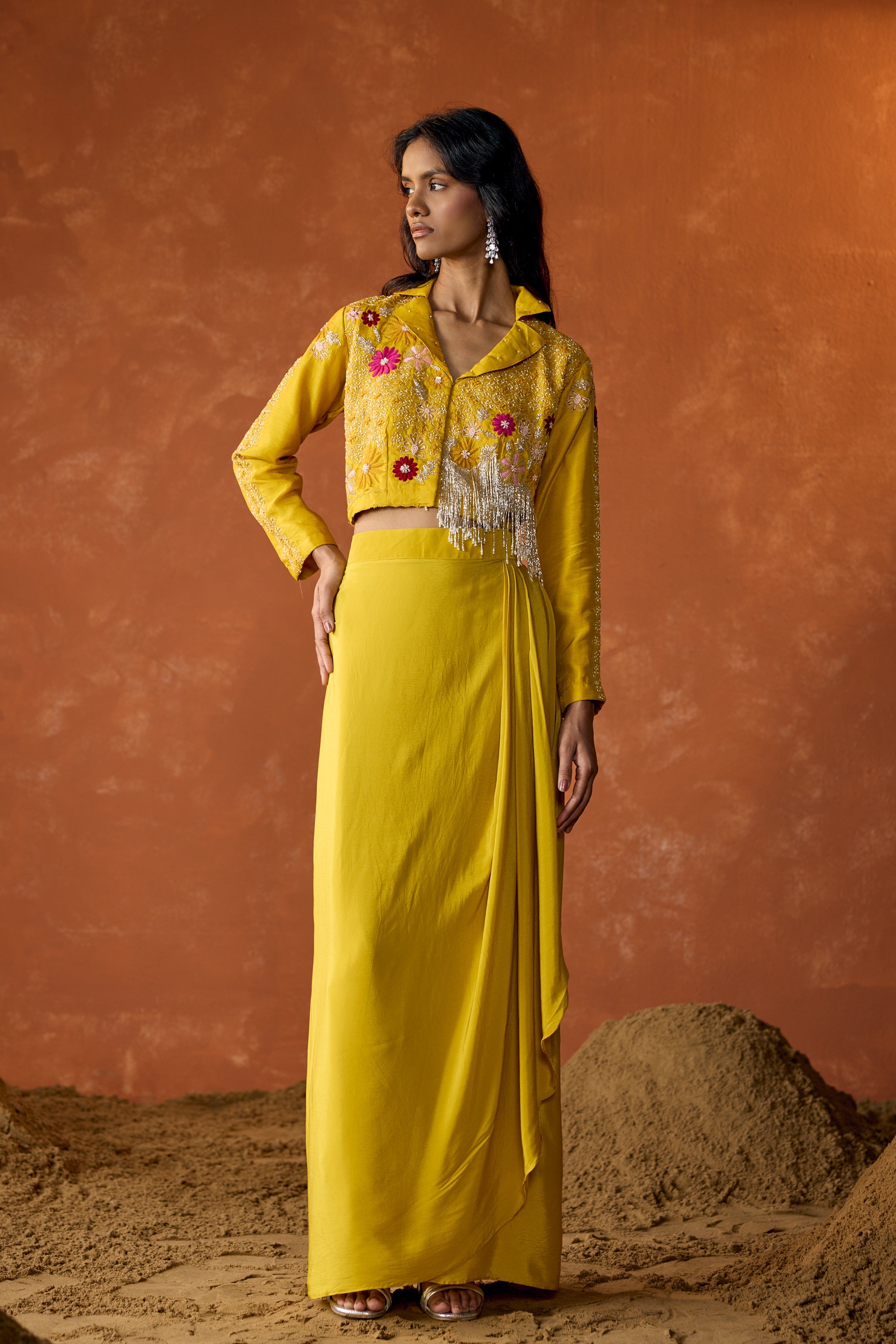 Marigold Yellow Embellished Raw Silk Skirt Set