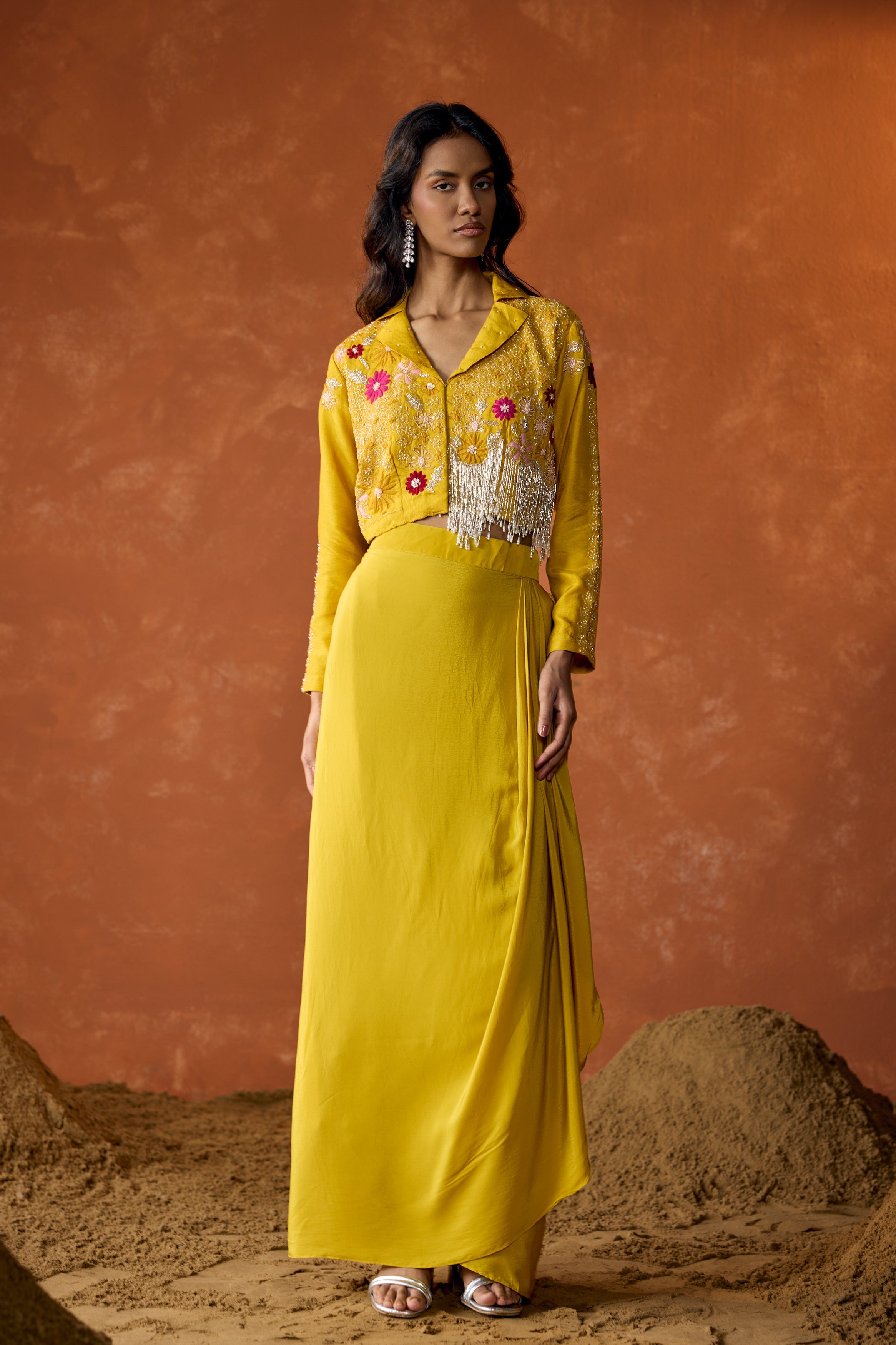 Marigold Yellow Embellished Raw Silk Skirt Set