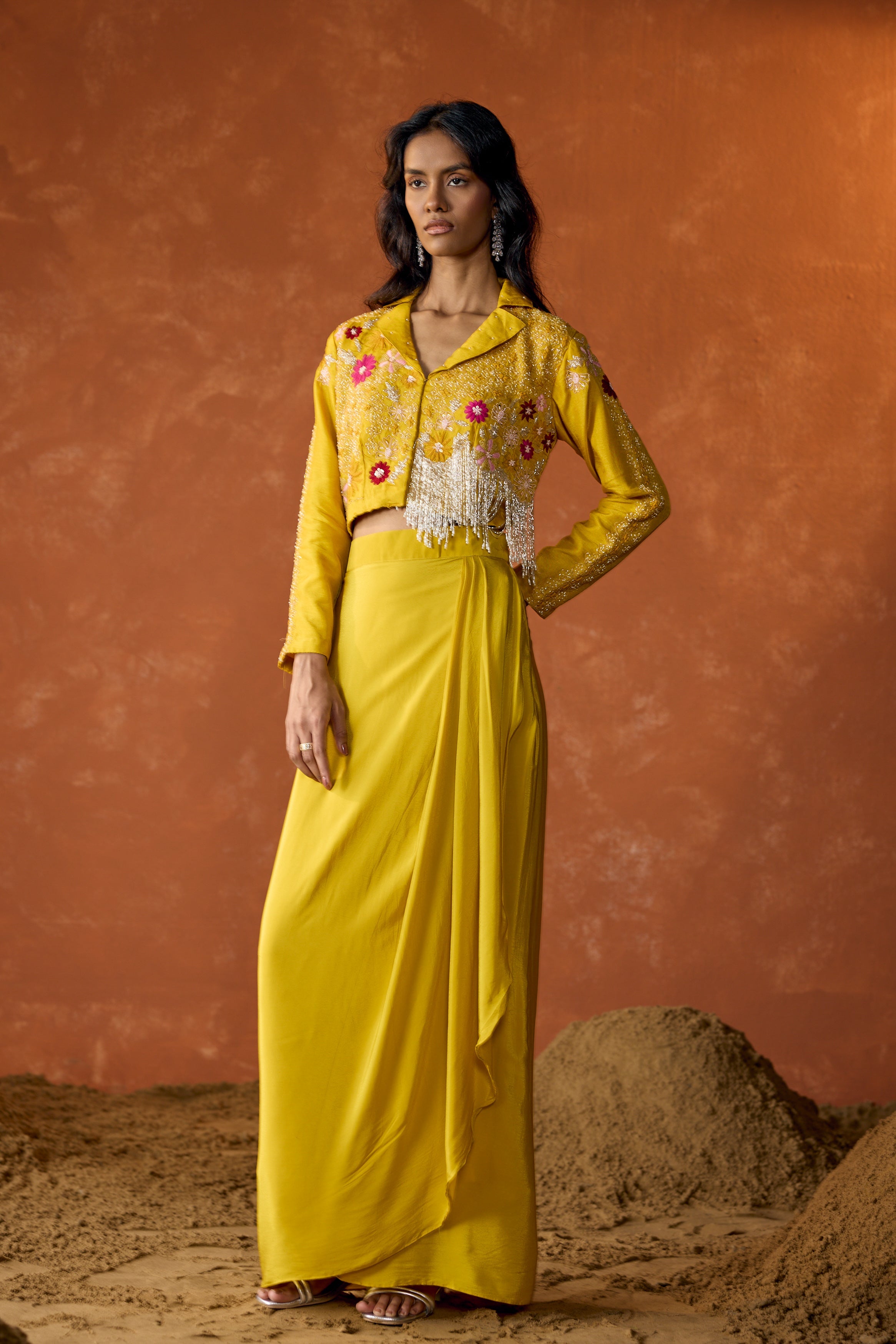 Marigold Yellow Embellished Raw Silk Skirt Set