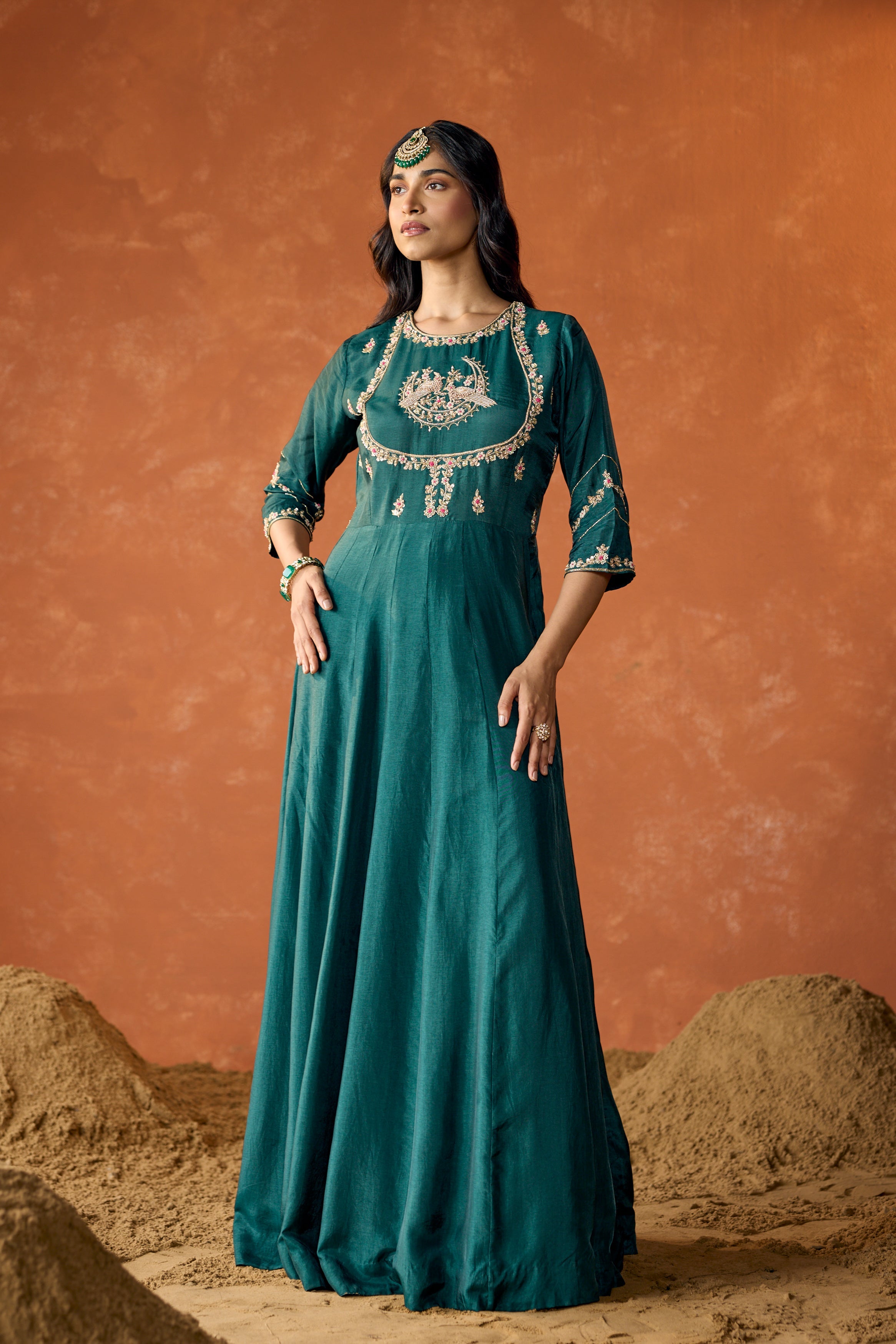 Dark Teal Embellished Premium Raw Silk Anarkali Set