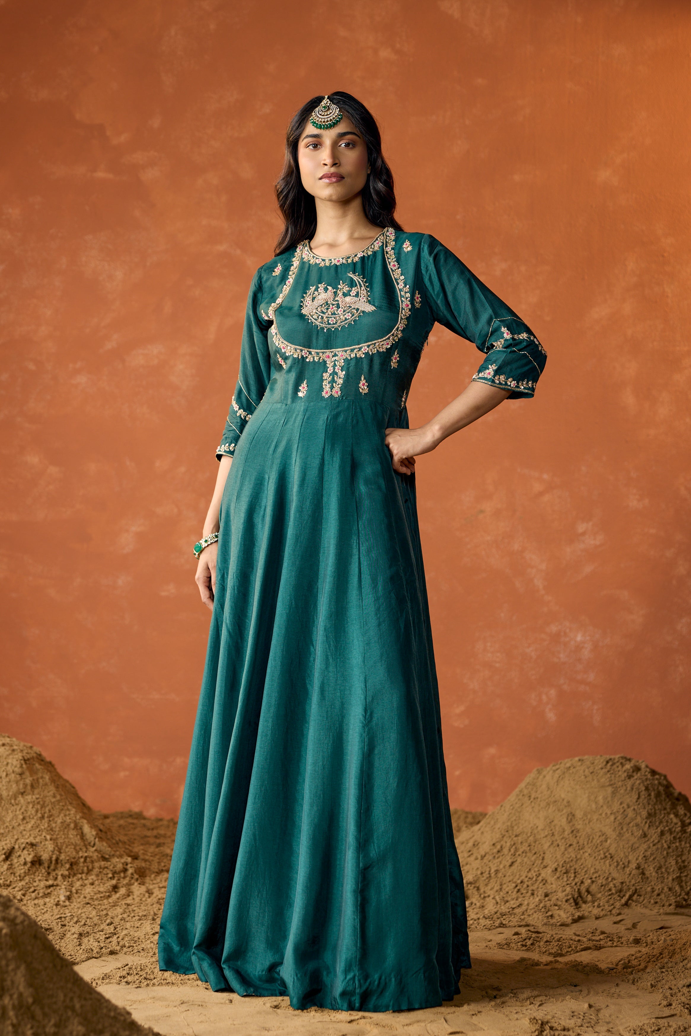 Dark Teal Embellished Premium Raw Silk Anarkali Set
