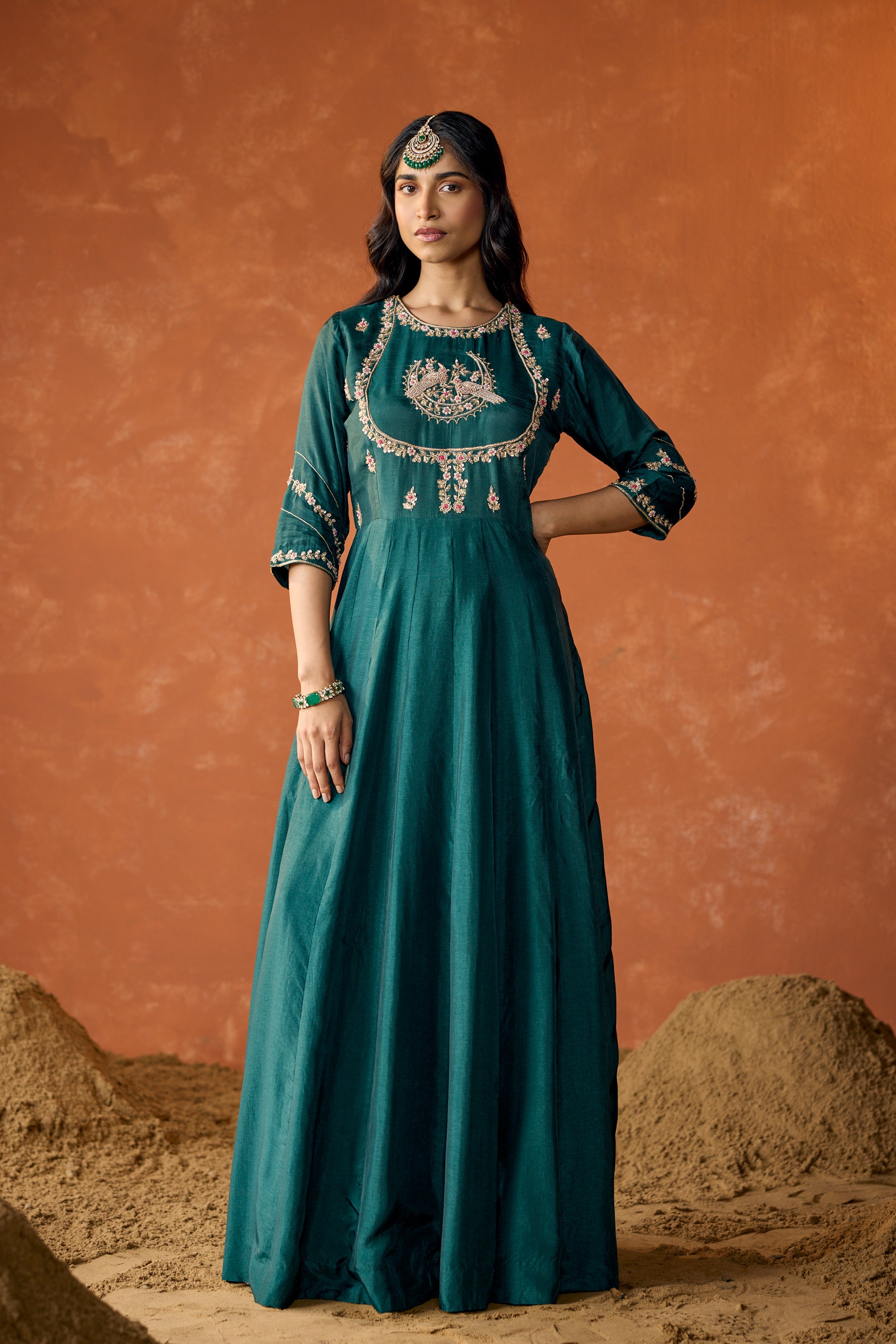 Dark Teal Embellished Premium Raw Silk Anarkali Set