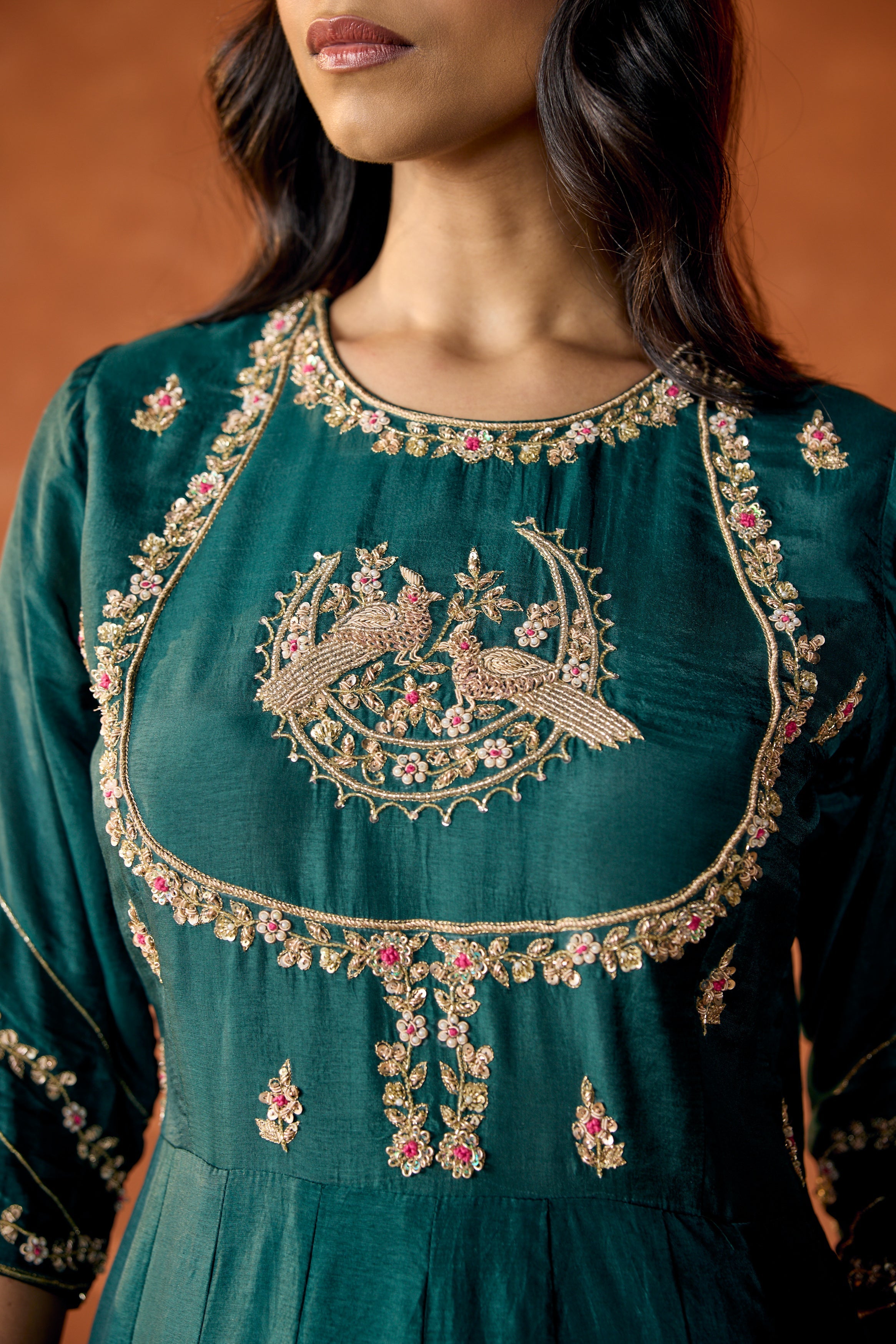 Dark Teal Embellished Premium Raw Silk Anarkali Set
