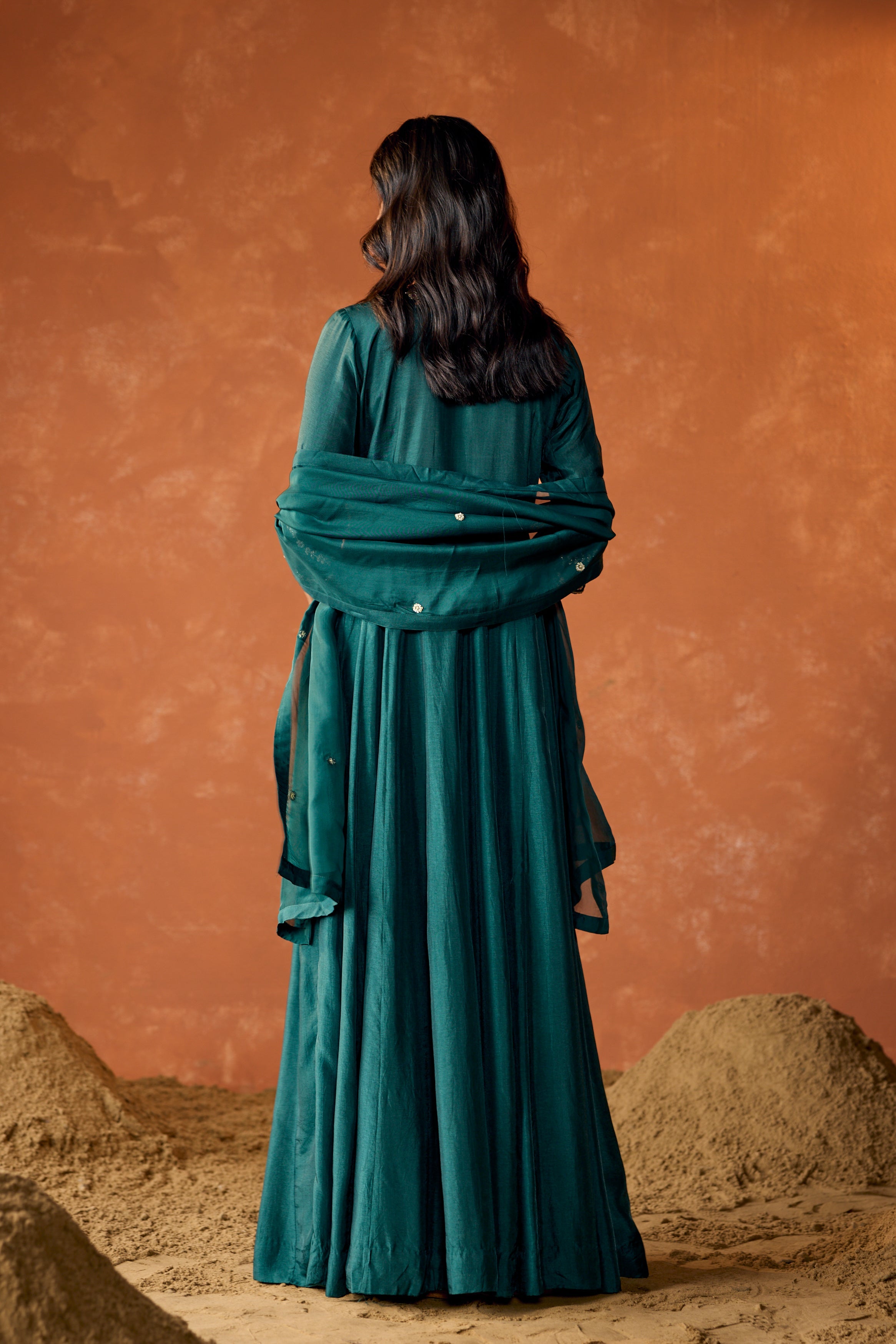 Dark Teal Embellished Premium Raw Silk Anarkali Set