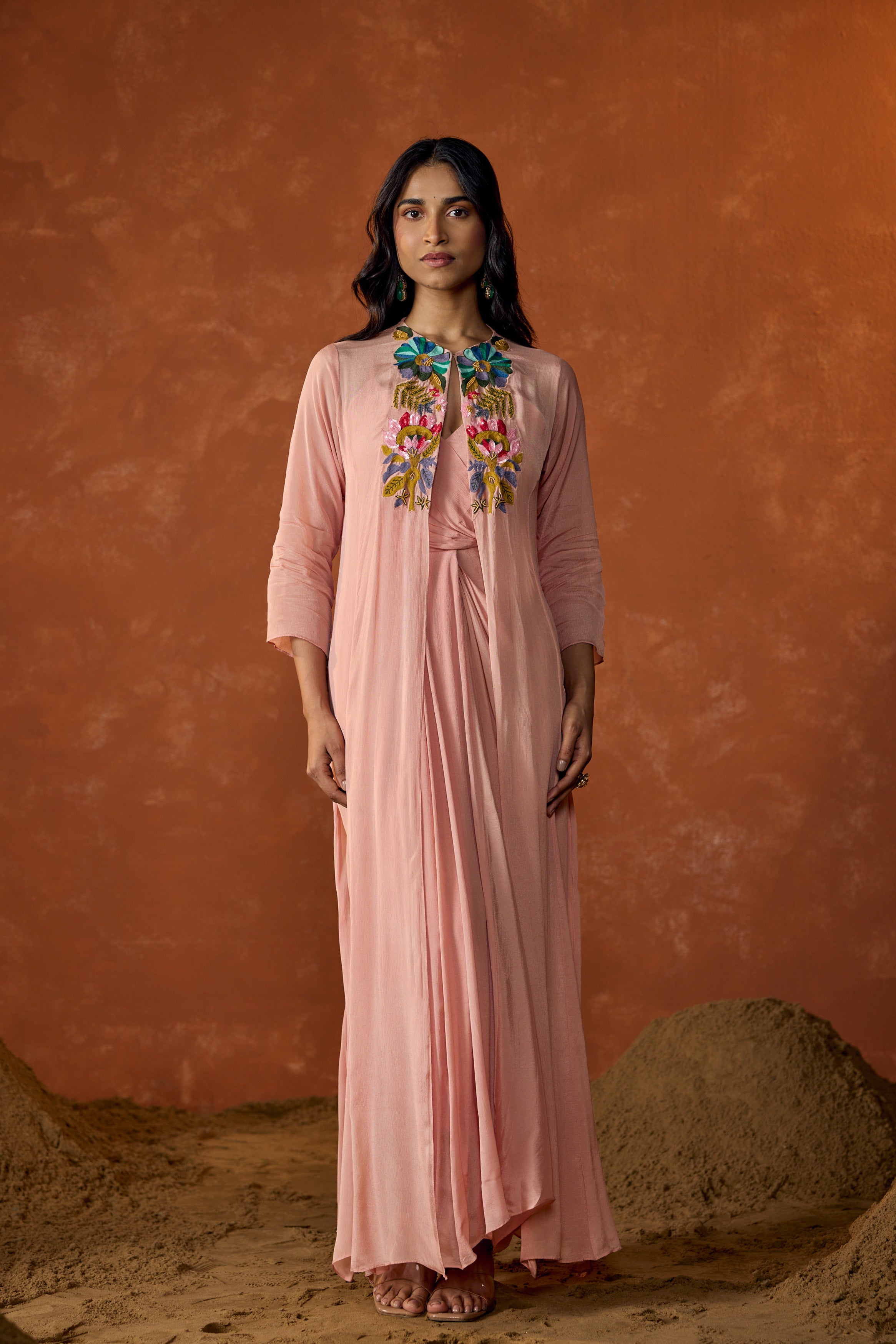 Rose Pink Embroidered Chinon Silk Cape Dress With Jacket