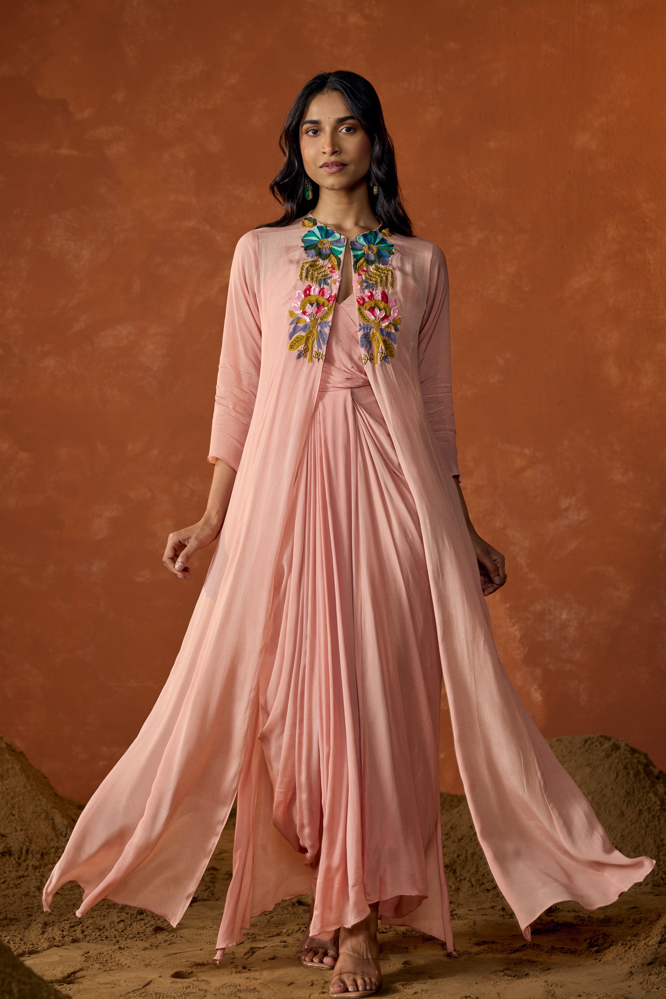 Rose Pink Embroidered Chinon Silk Cape Dress With Jacket