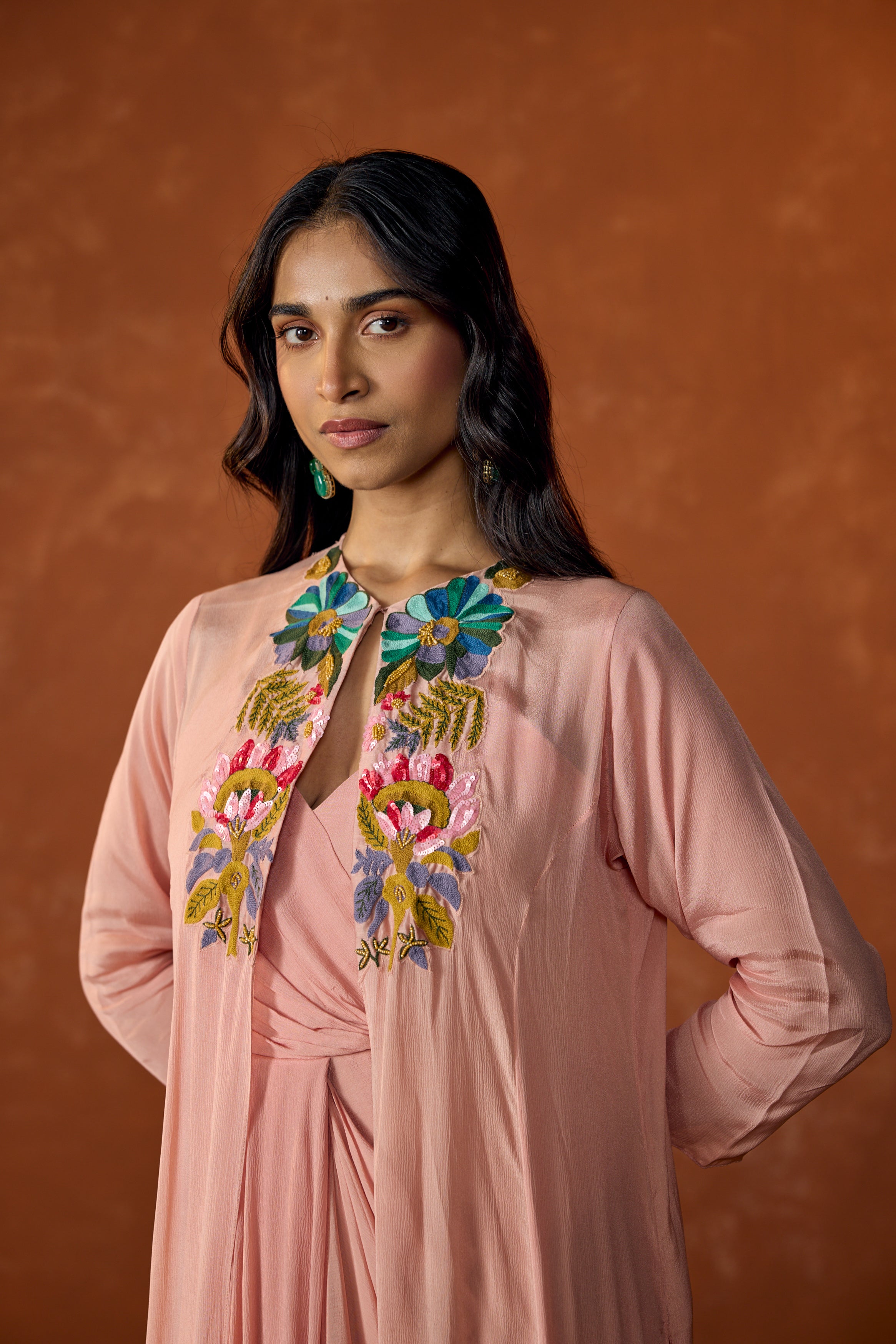 Rose Pink Embroidered Chinon Silk Cape Dress With Jacket