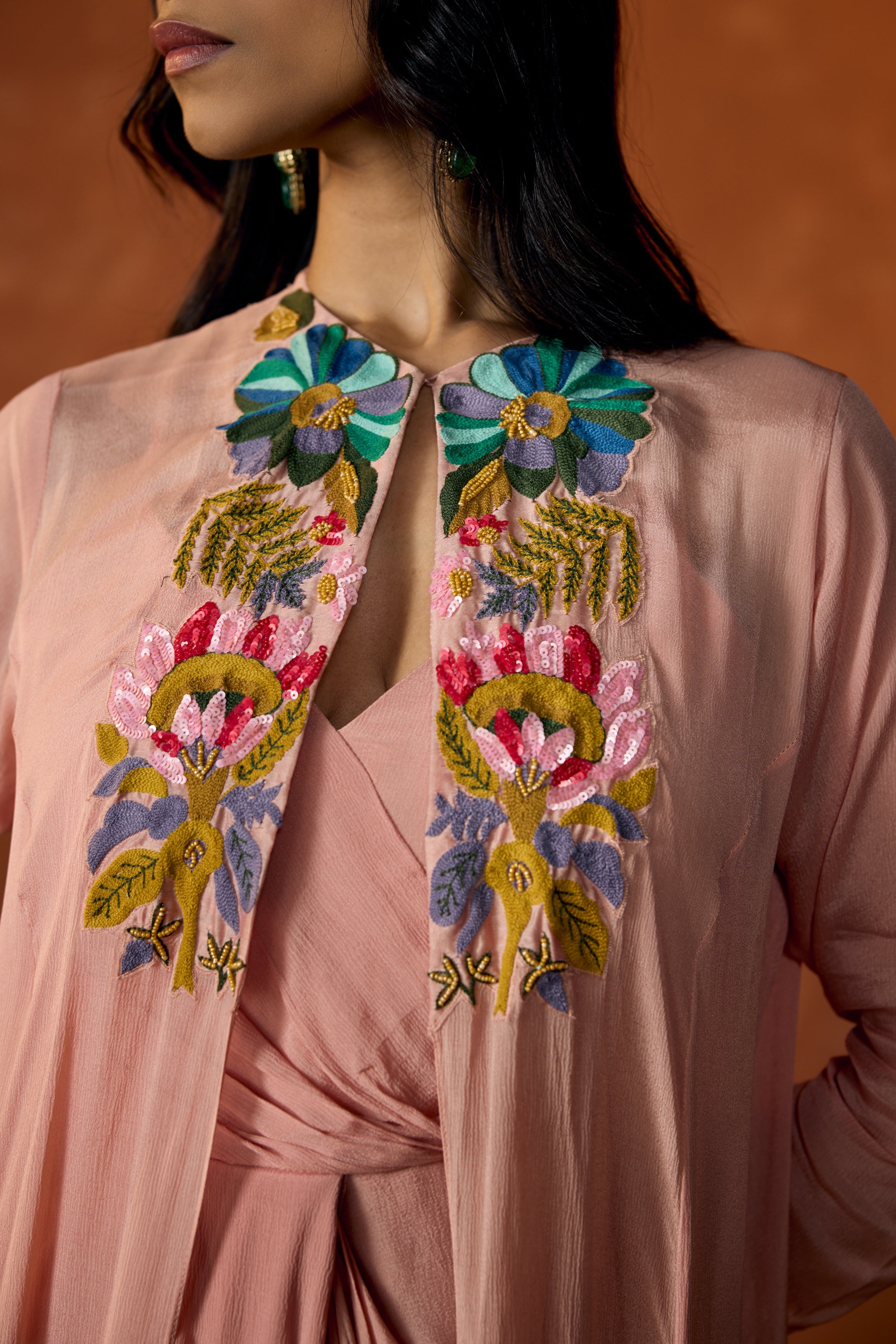 Rose Pink Embroidered Chinon Silk Cape Dress With Jacket