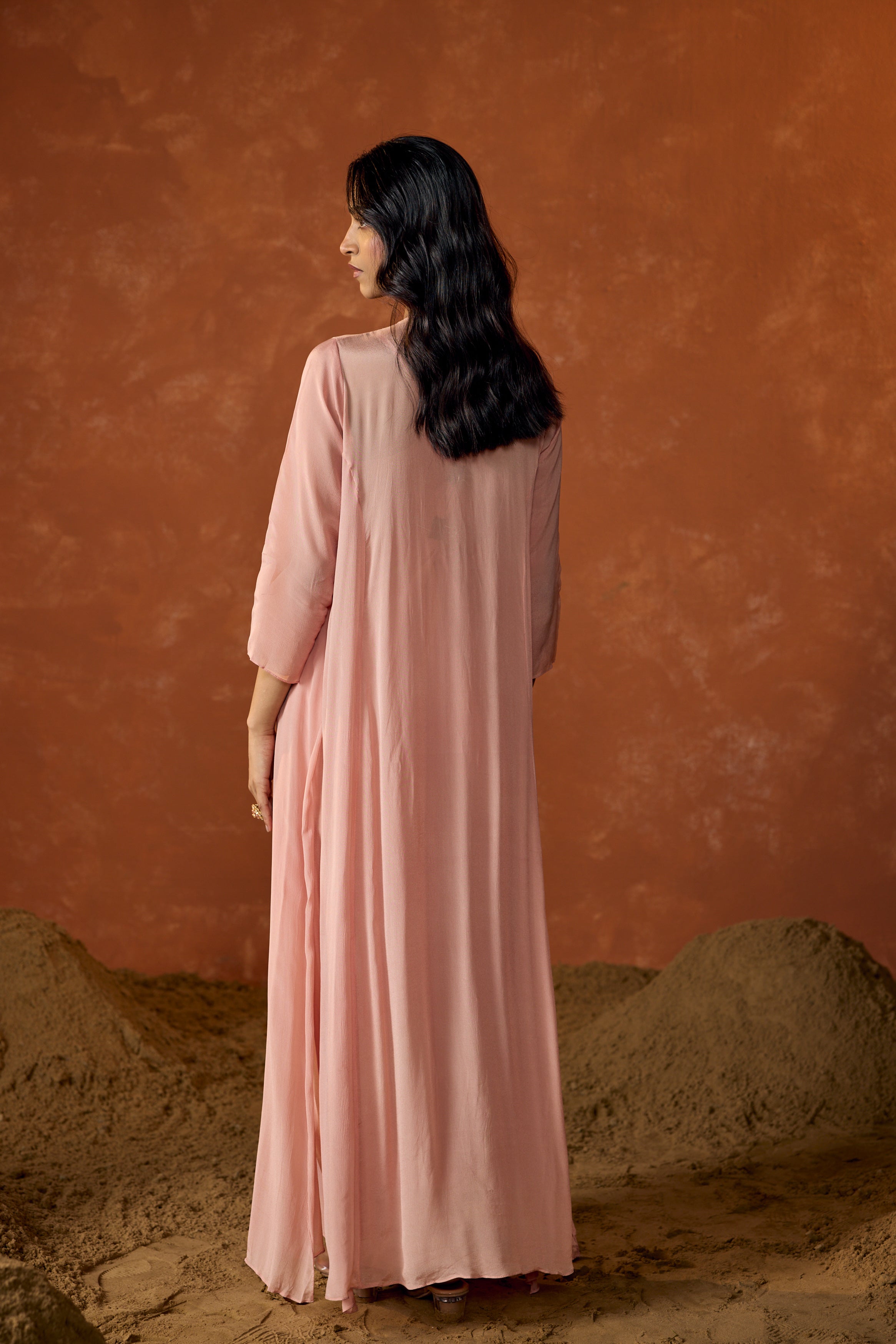 Rose Pink Embroidered Chinon Silk Cape Dress With Jacket