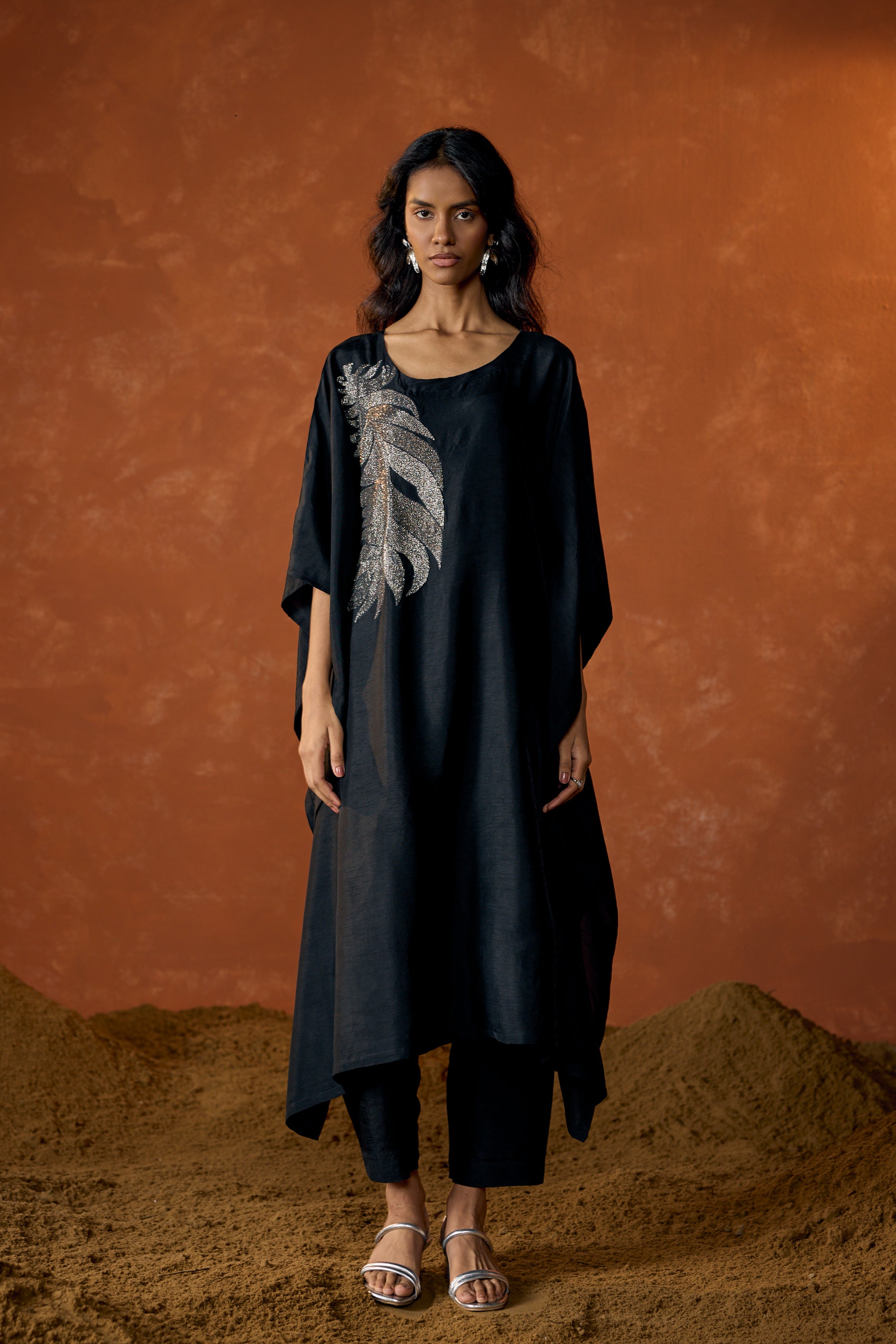 Charcoal Black Embellished Raw Silk Kaftan Set