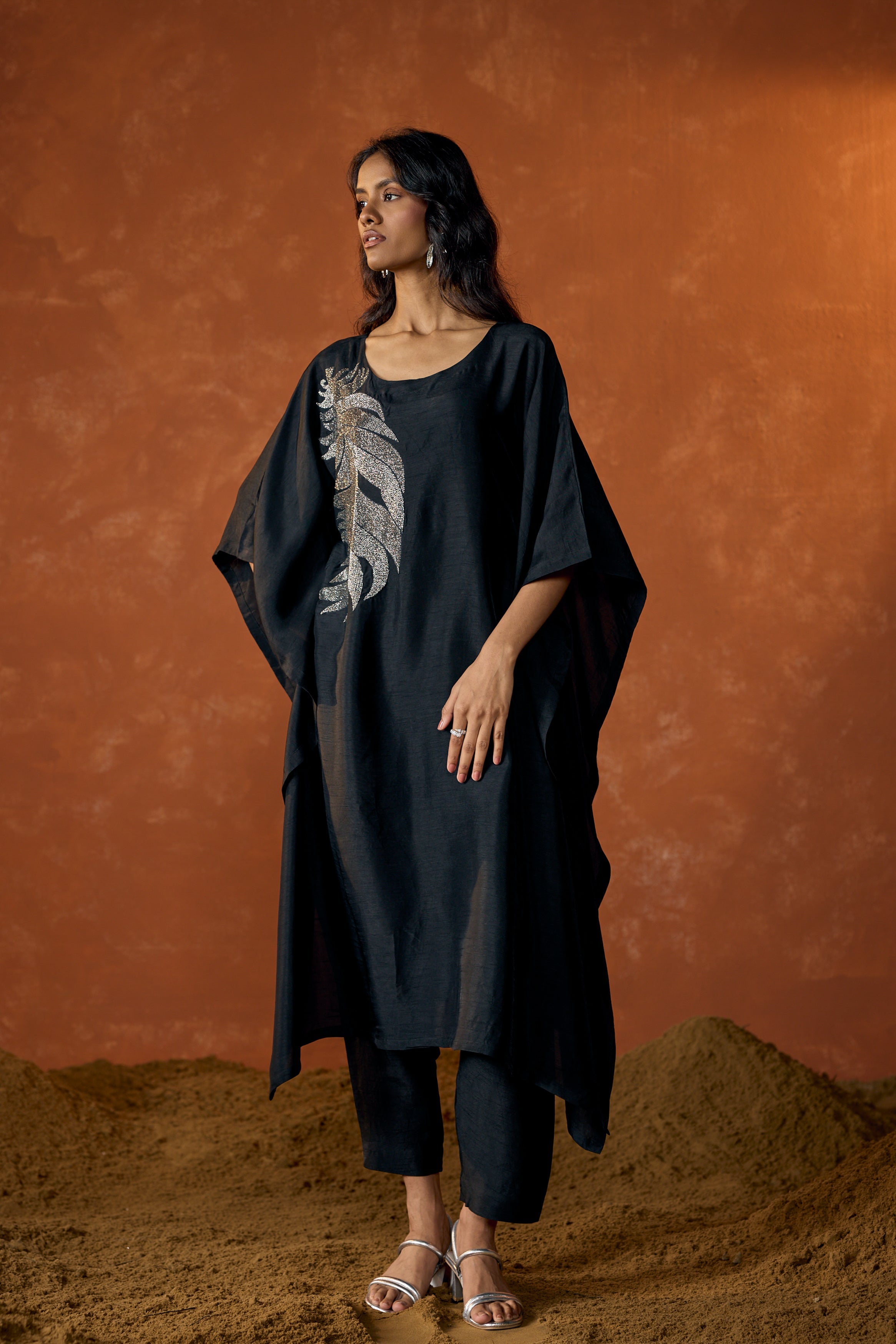 Charcoal Black Embellished Raw Silk Kaftan Set