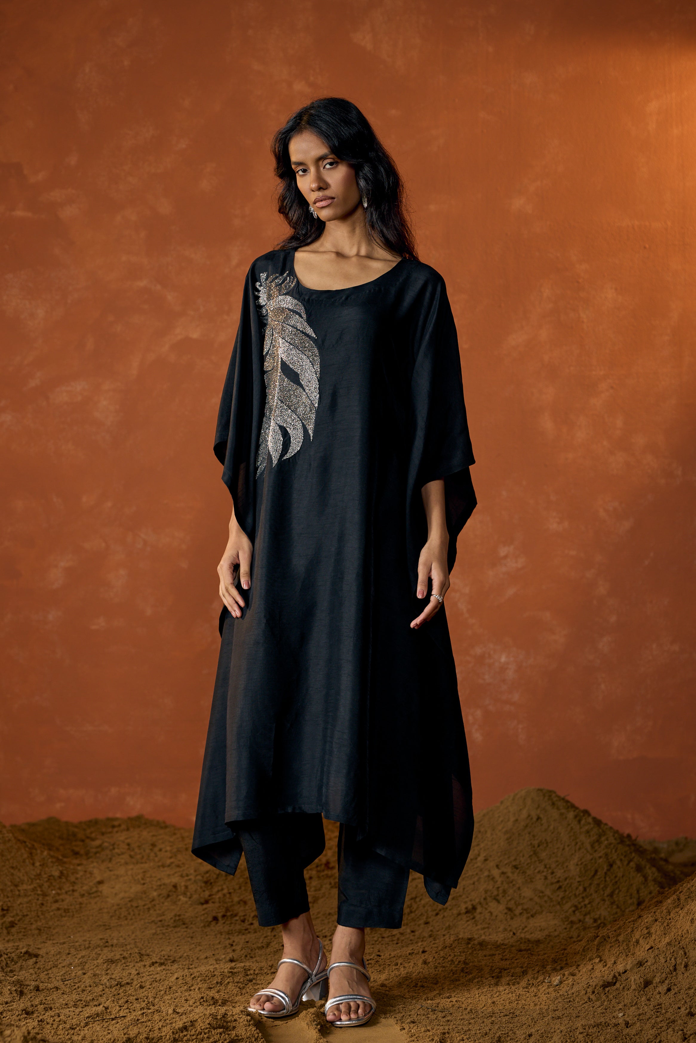 Charcoal Black Embellished Raw Silk Kaftan Set