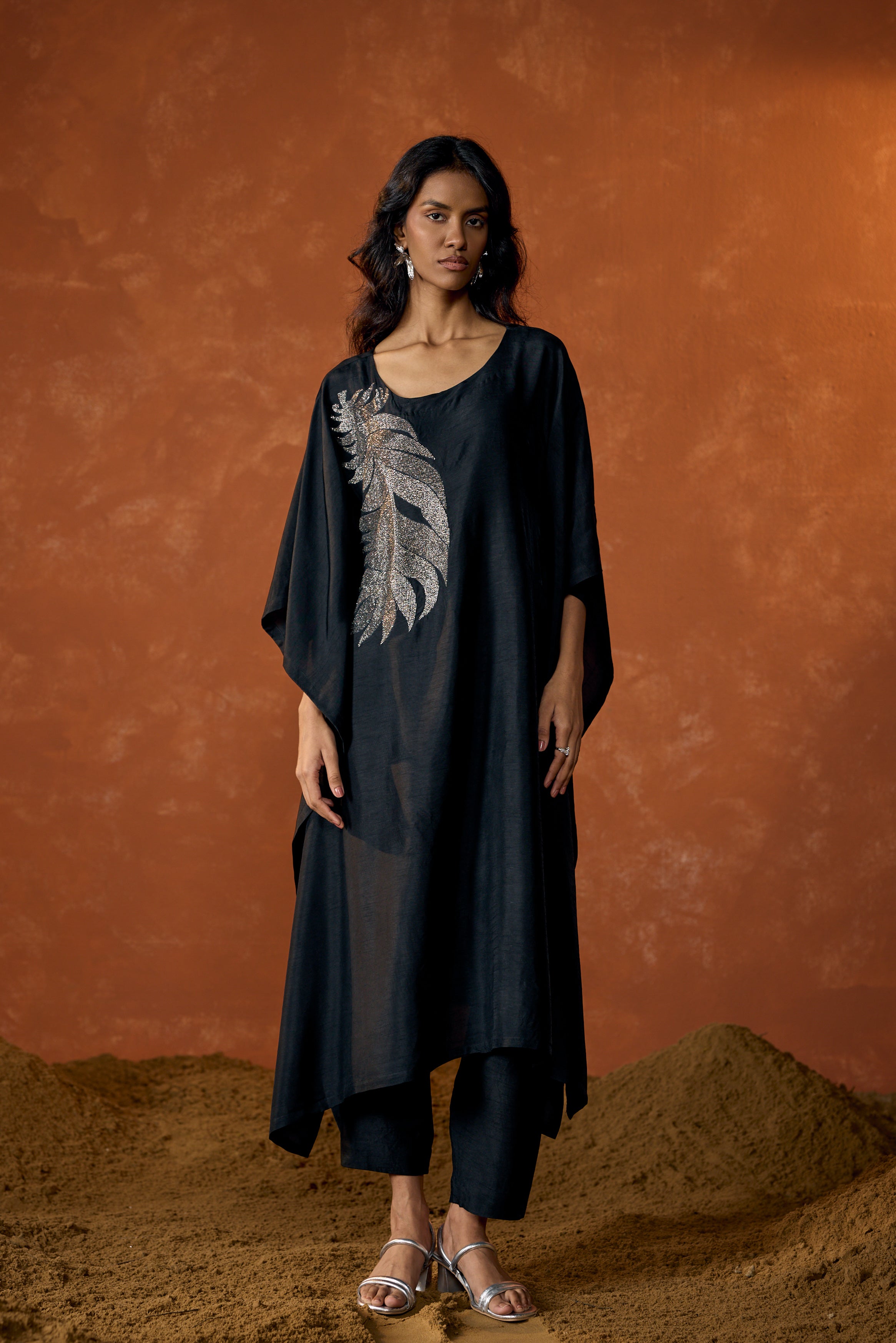 Charcoal Black Embellished Raw Silk Kaftan Set