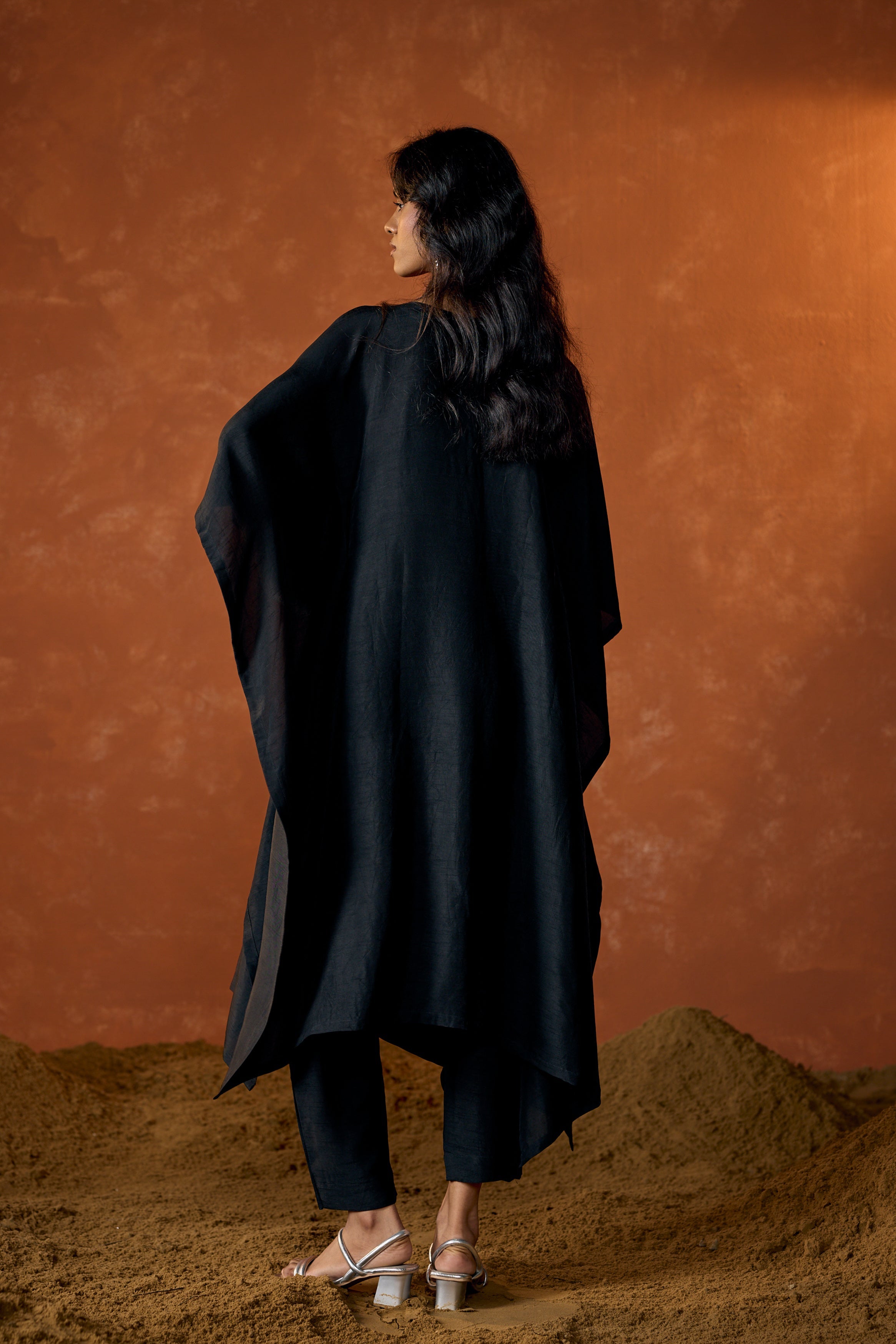 Charcoal Black Embellished Raw Silk Kaftan Set