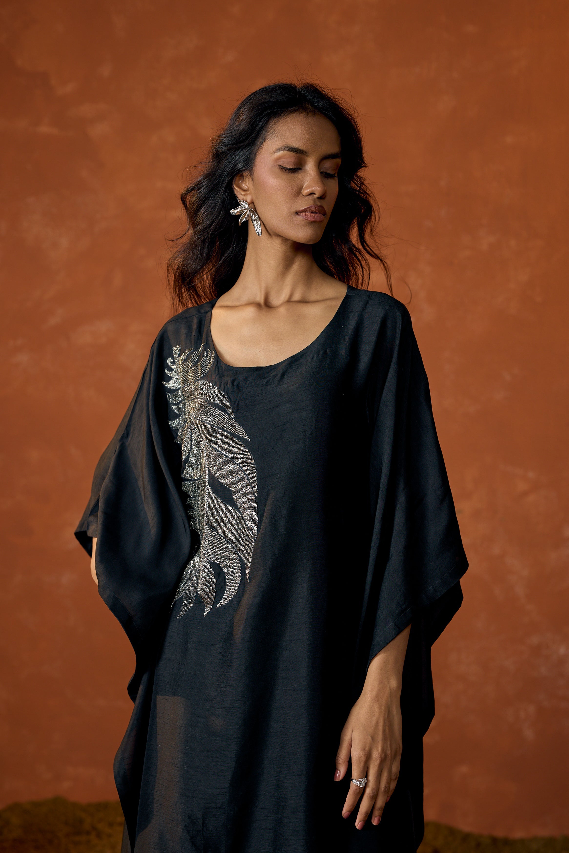 Charcoal Black Embellished Raw Silk Kaftan Set