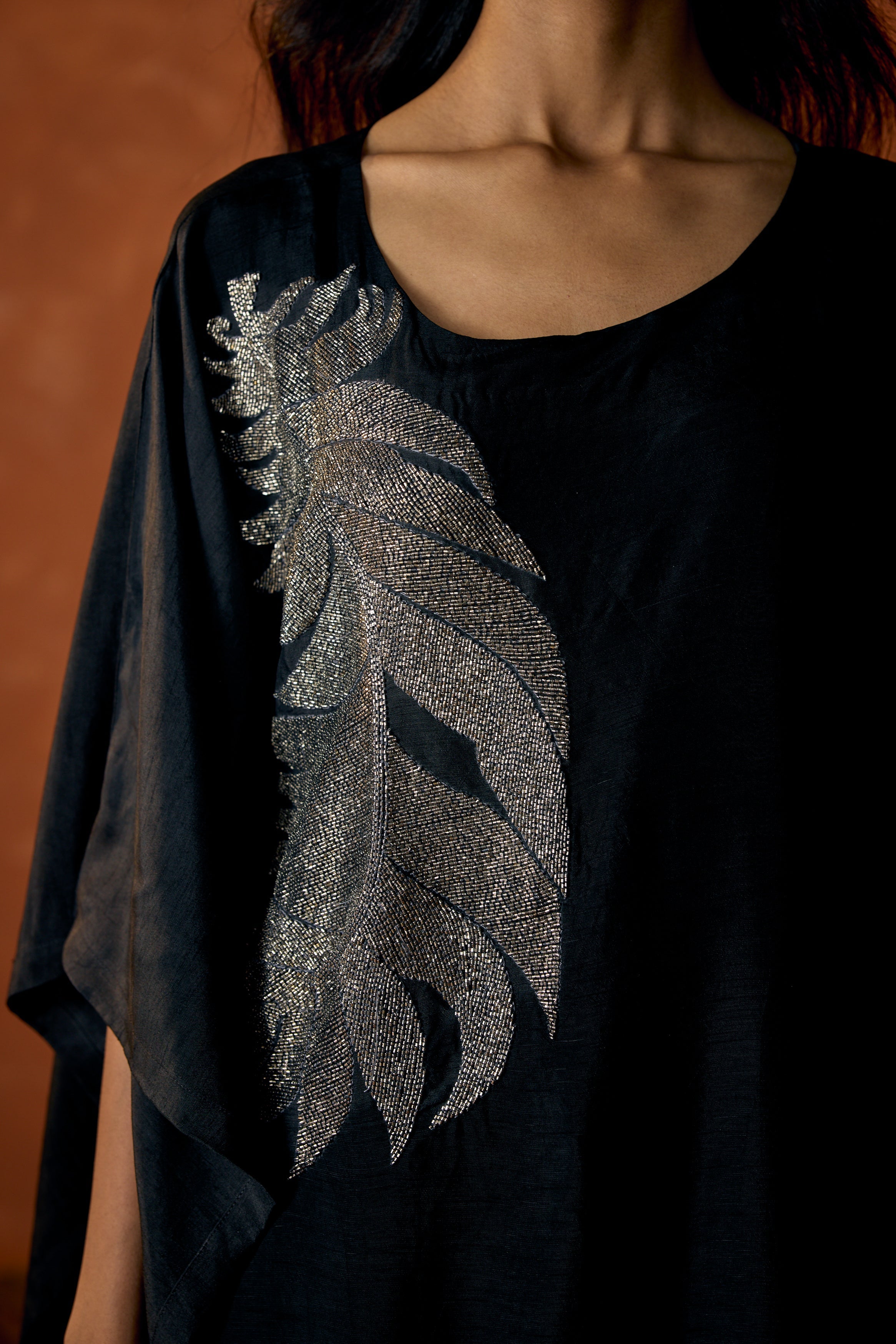 Charcoal Black Embellished Raw Silk Kaftan Set