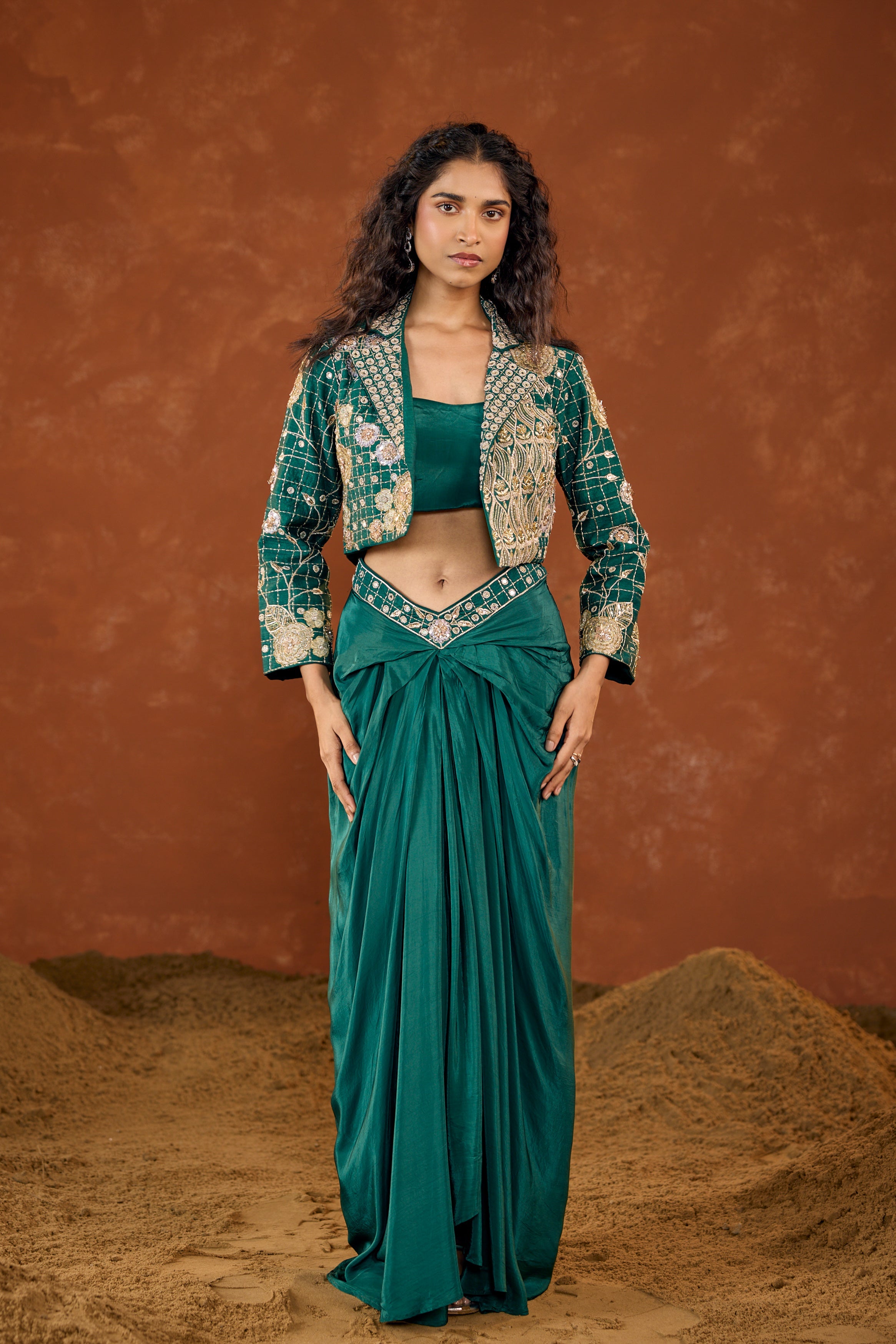 Emerald Green Embellished Satin Silk Skirt Set